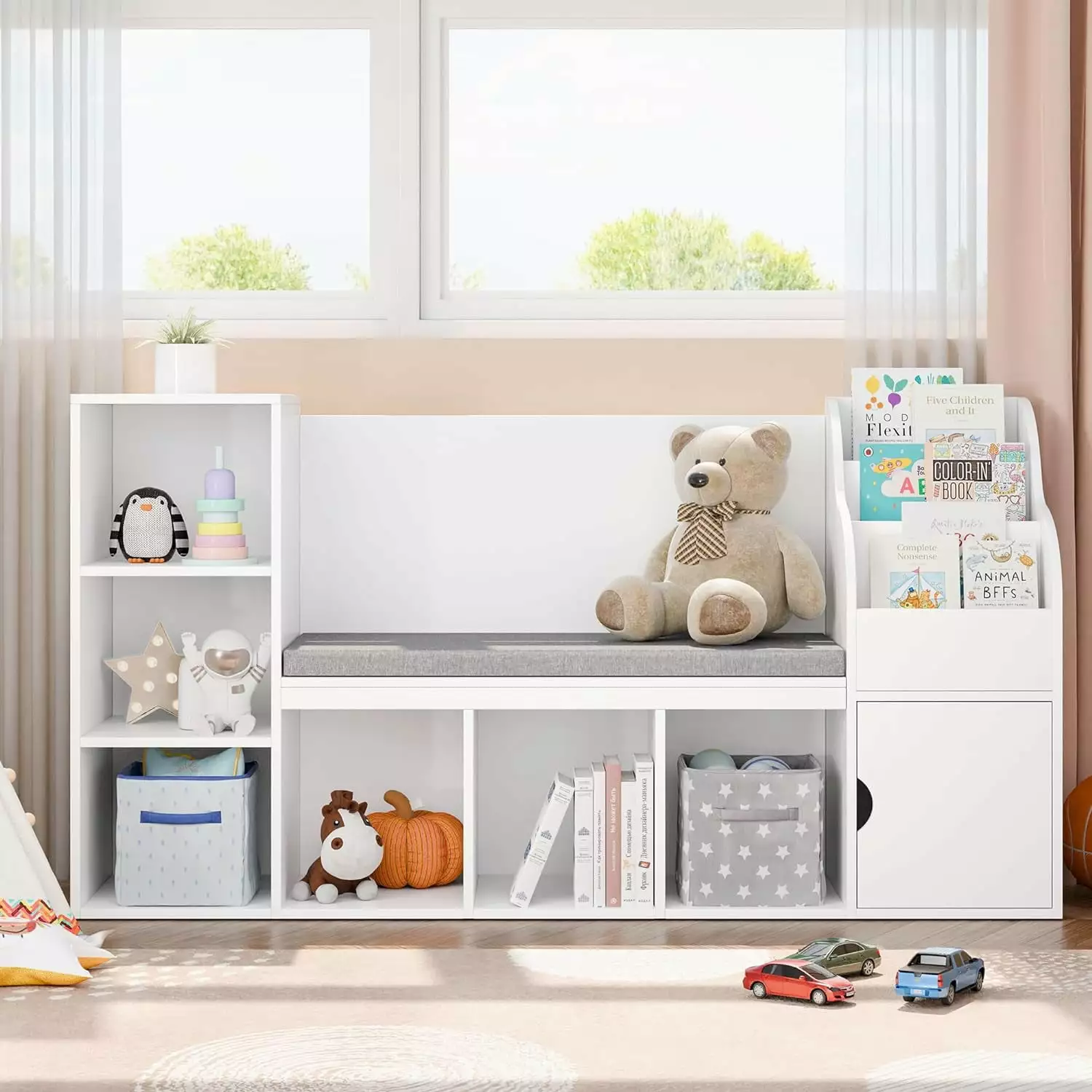 Kids Bookshelf Reading Nook Toddler Bookcase Bench Seat Cushion and 7 Cubbies YOUFF