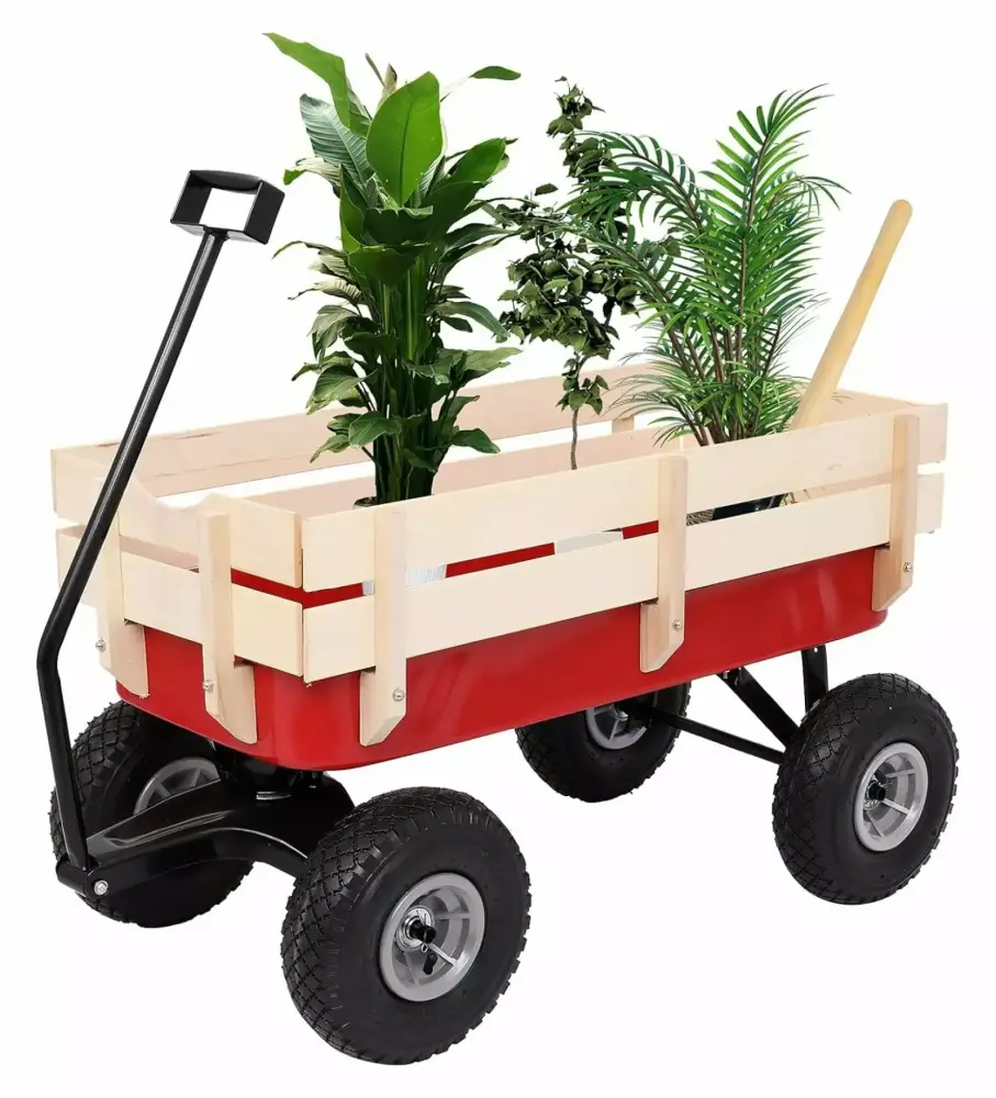CRIXLHIX Outdoor All-Cargo Wagon 10 Air Tires Steel Structure Wooden Side Support Wagon Kids Garden and Cargo Red 33