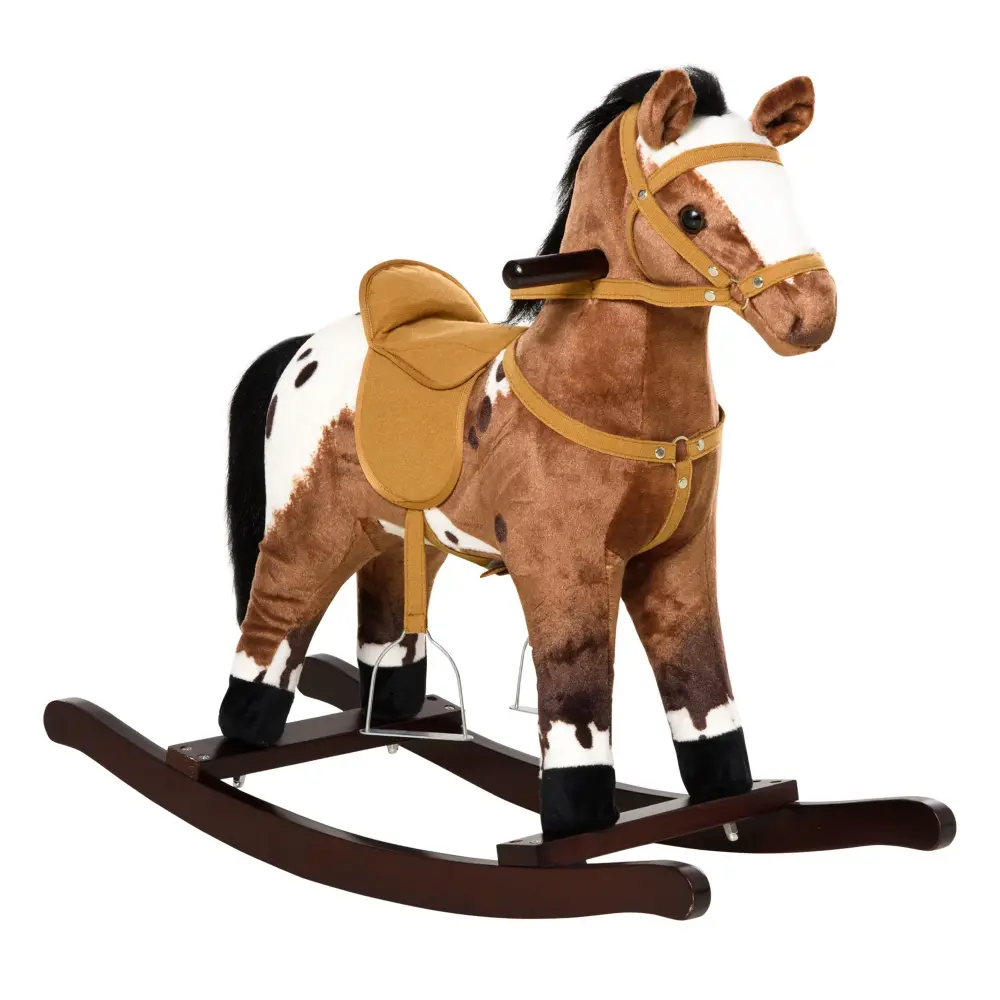 Qaba - Kids All-metal Plush Ride-On Rocking Horse Chair Toy Realistic Sounds - Dark Brown / White