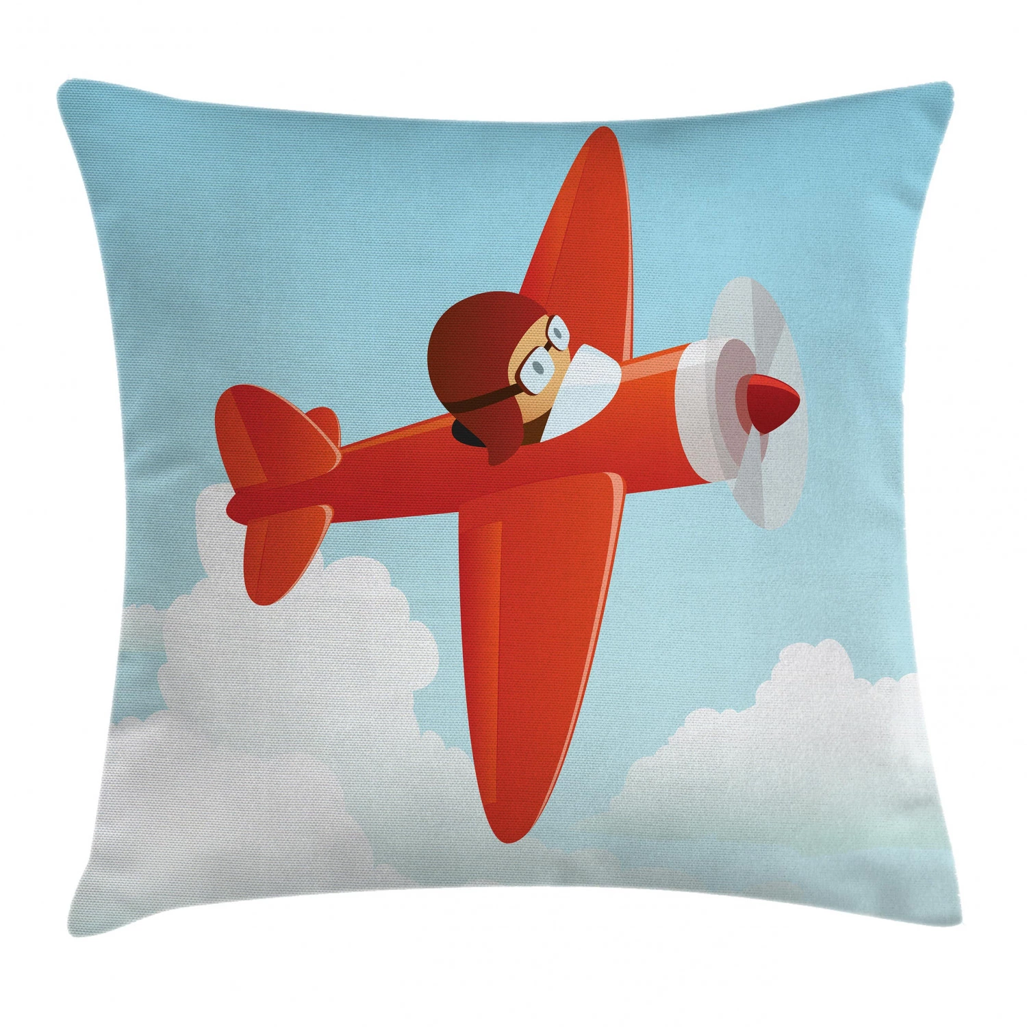 Ambesonne Kids Decor Throw Pillow Cover 18x18 Inches Cute Airplane Flying Cloudy Sky Cartoon Print