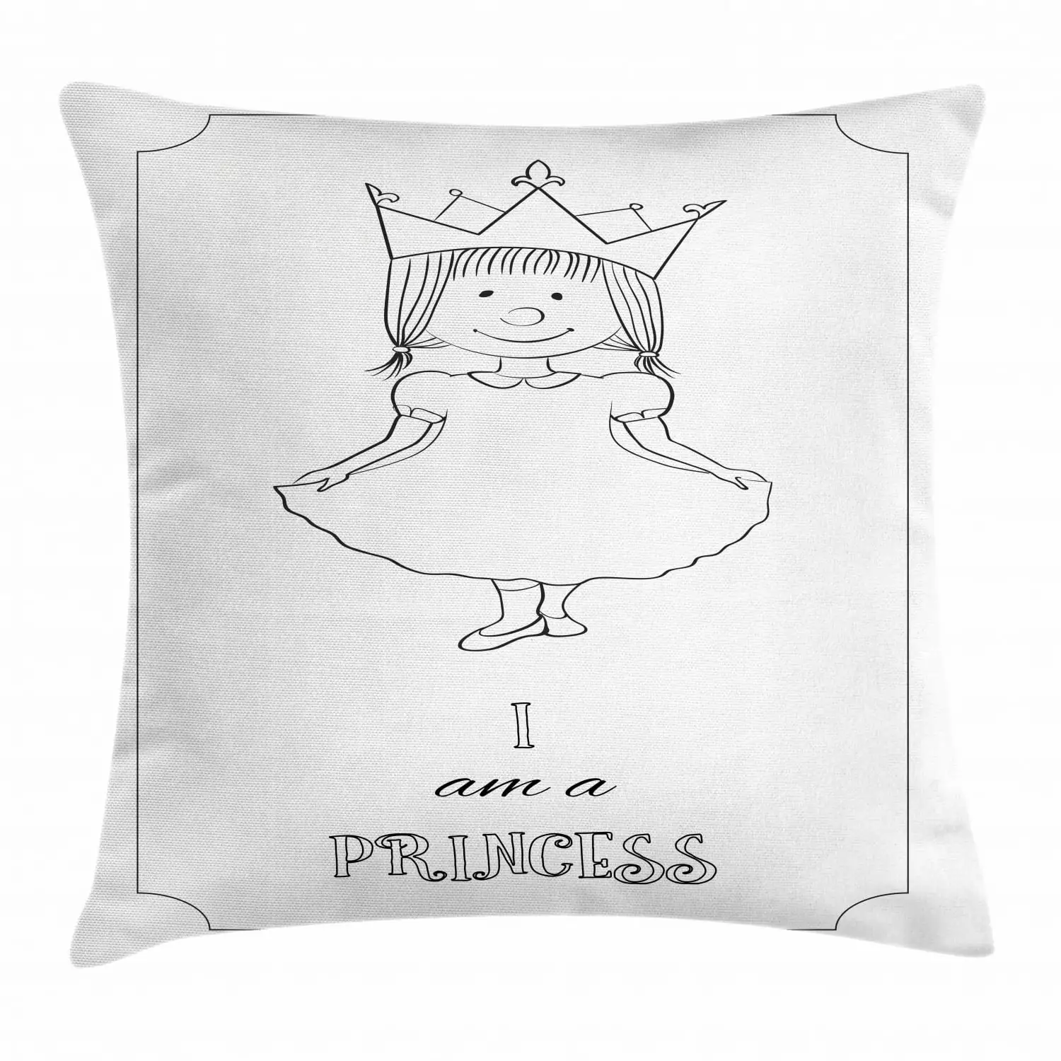 I am Princess Throw Pillow Cover 24x24 Inches Black and White Kids Cartoon Ambesonne