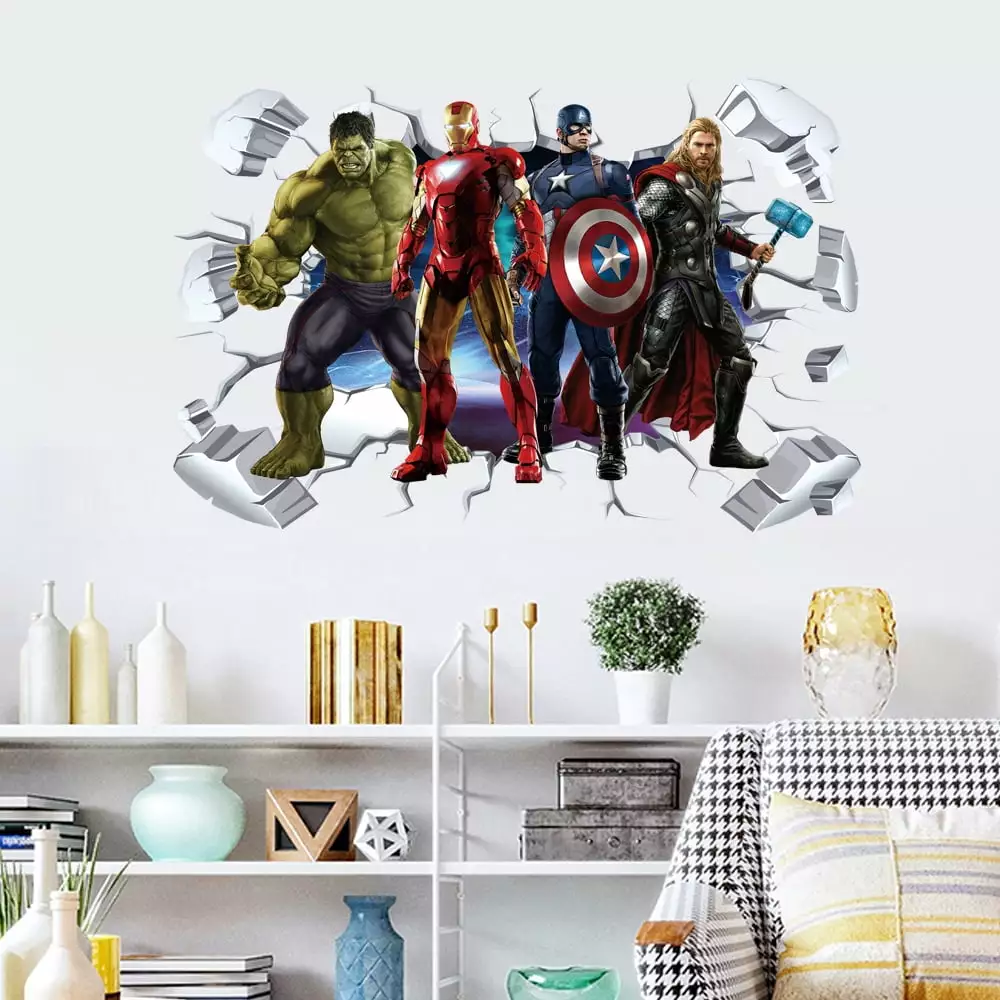 Avengers Breaking Through Wall Sticker Children Boys Wall Decals Bedroom Living Room Fairy Kaari