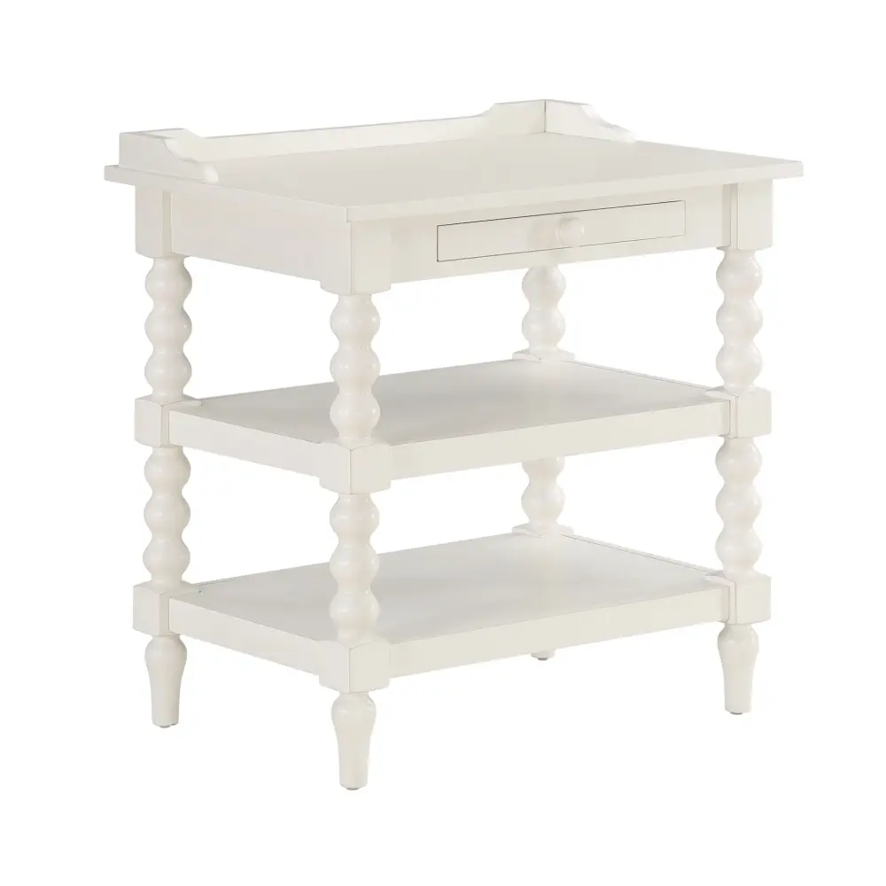 Aria - Nightstand Styling, 2 Shelves, Pull Out Tray, Spool Turned Legs - Antique Snow