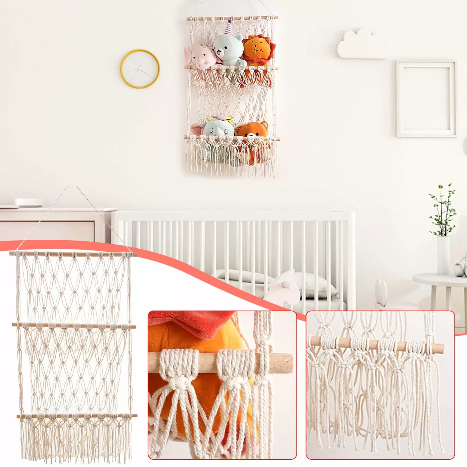 Hglyxoae Handwoven Cotton Rope Double Layer Shelf Decoration Children's Room Storage Doll Book Decorations