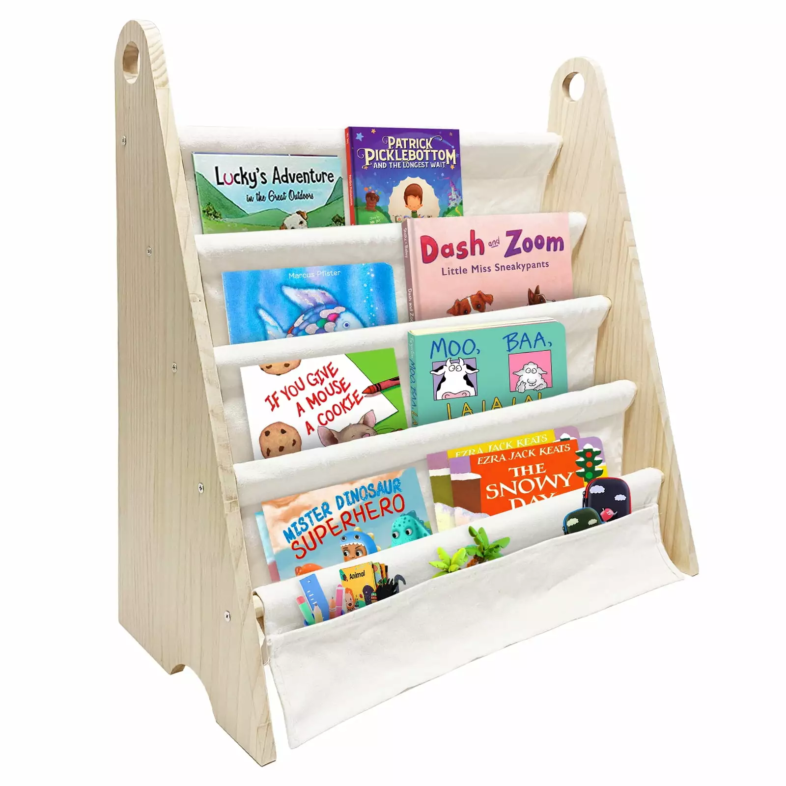 Olizee Kids Bookshelf 4-Tier Nursery Book Rack Canvas Sling Sleeves