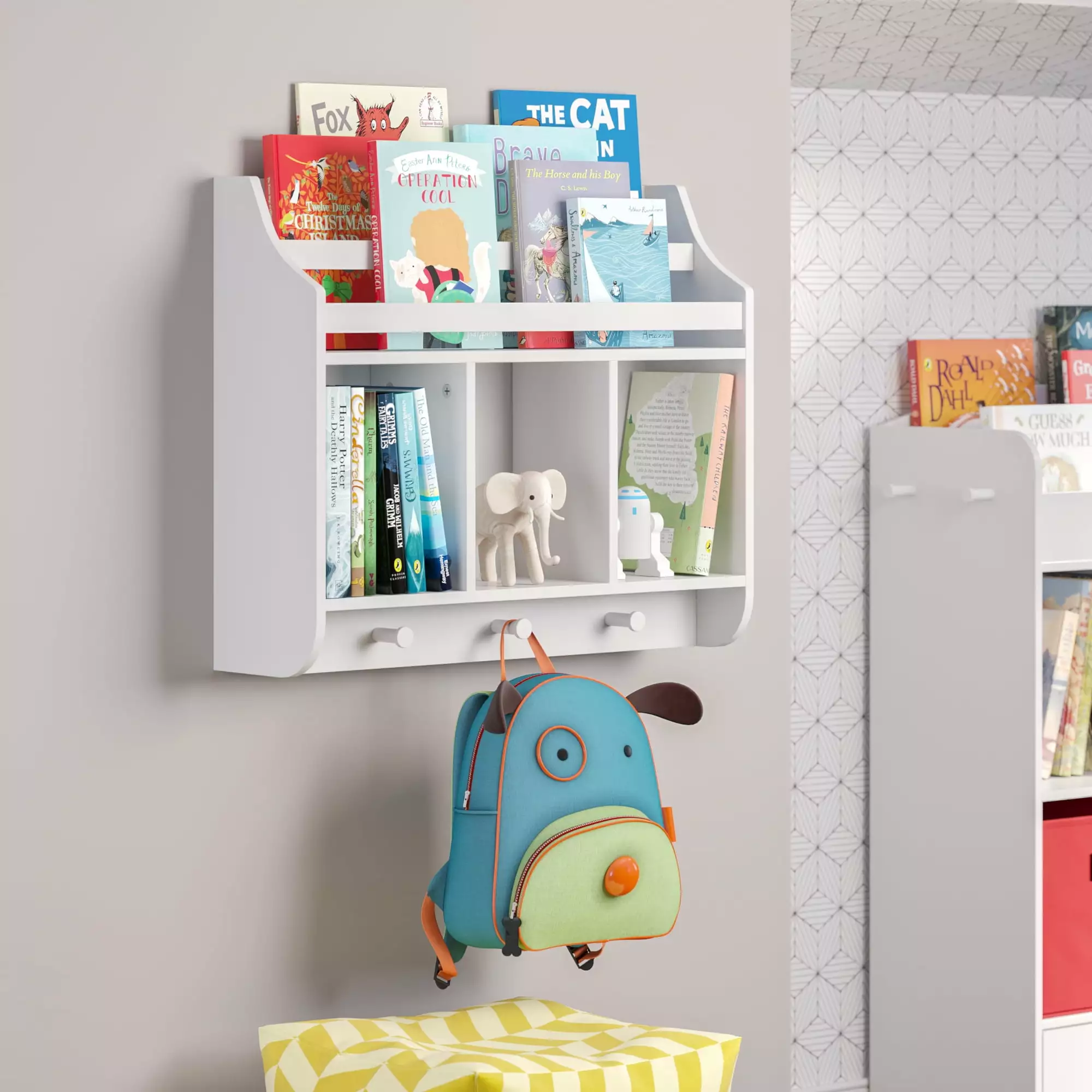 RiverRidge Home Book Nook Kids Wall Shelf Cubbies and Book Rack Nursery