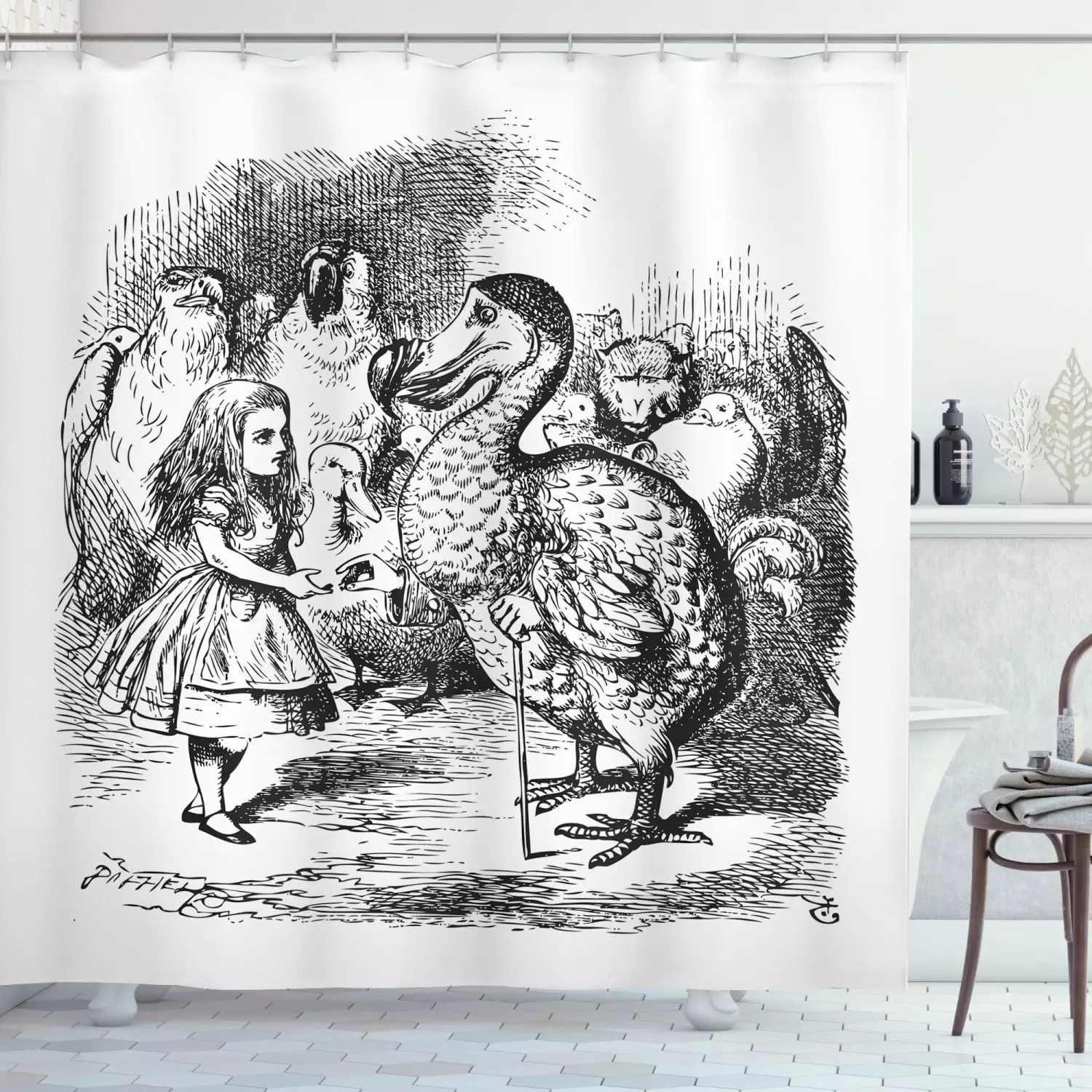 Alice Wonderland Kids Shower Curtain Dodo Animal Adventures Black and White 69x70 Inches Ambesonne