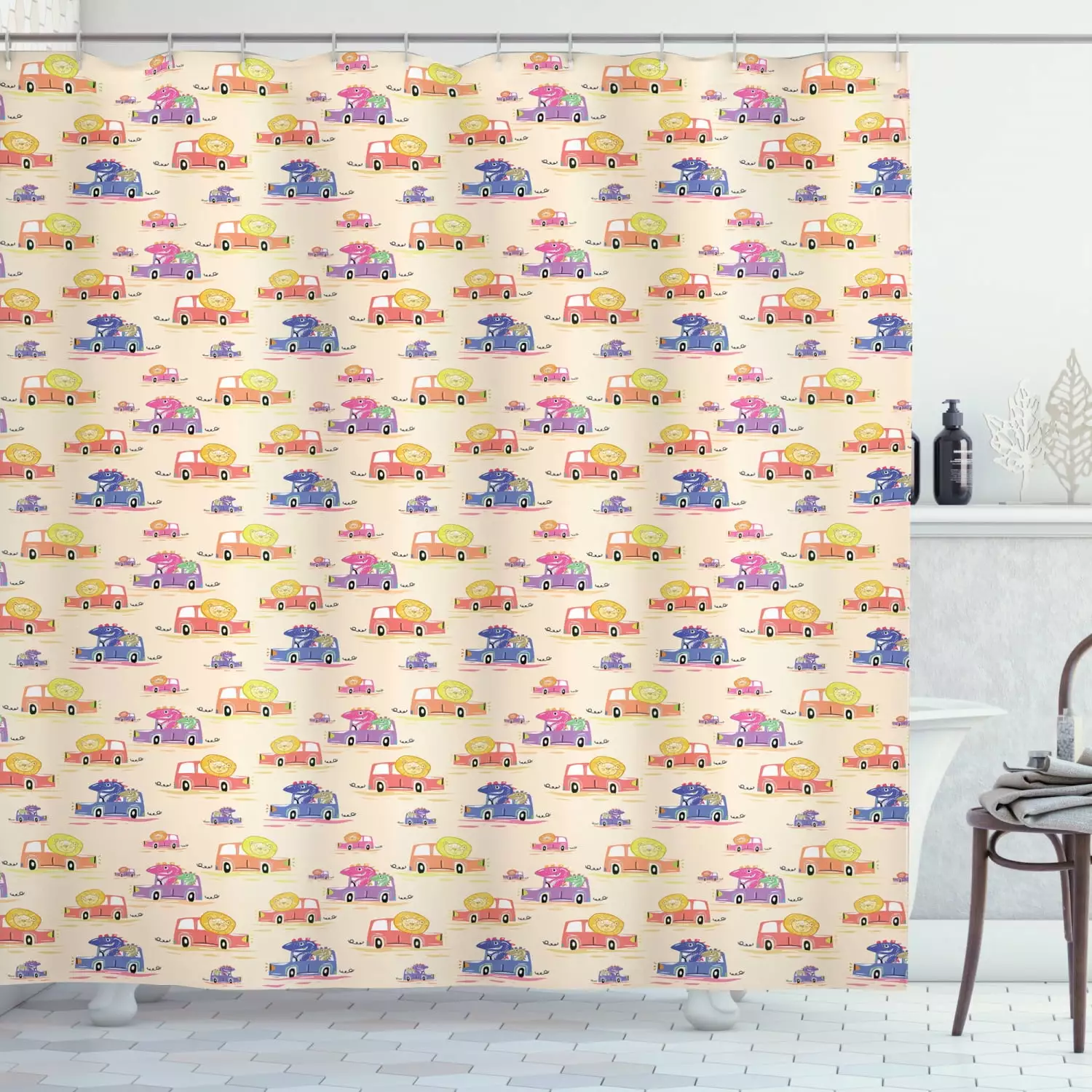 Ambesonne Animal Shower Curtain Funny Doodle Lions Dinosaurs Riding Cars Kids Bathroom Decor 69x70 Inches Multicolor