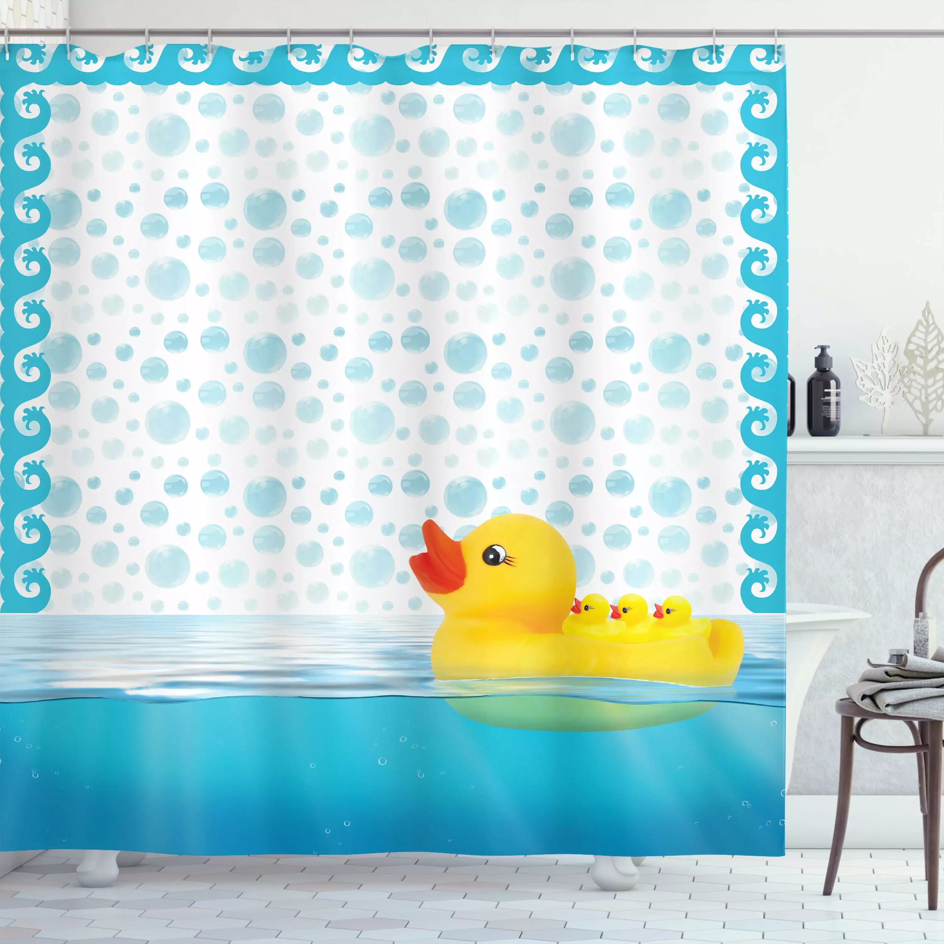 Yellow Duck Shower Curtain Animal on Water Bubbles 69Wx70L Sky Blue Yellow White Ambesonne