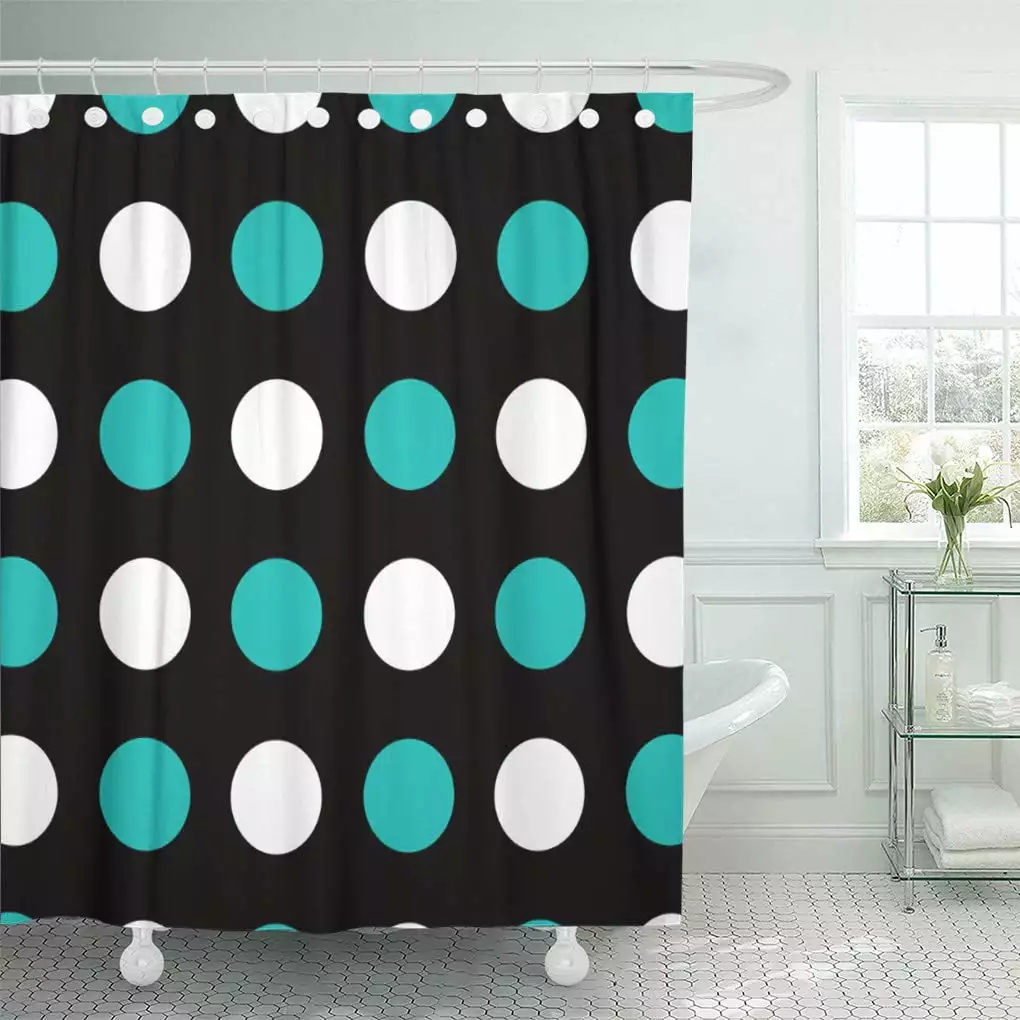 Turquoise Polka Dots Teal Black and White Whimsical Kids Shower Curtain 60x72 Inch Libin