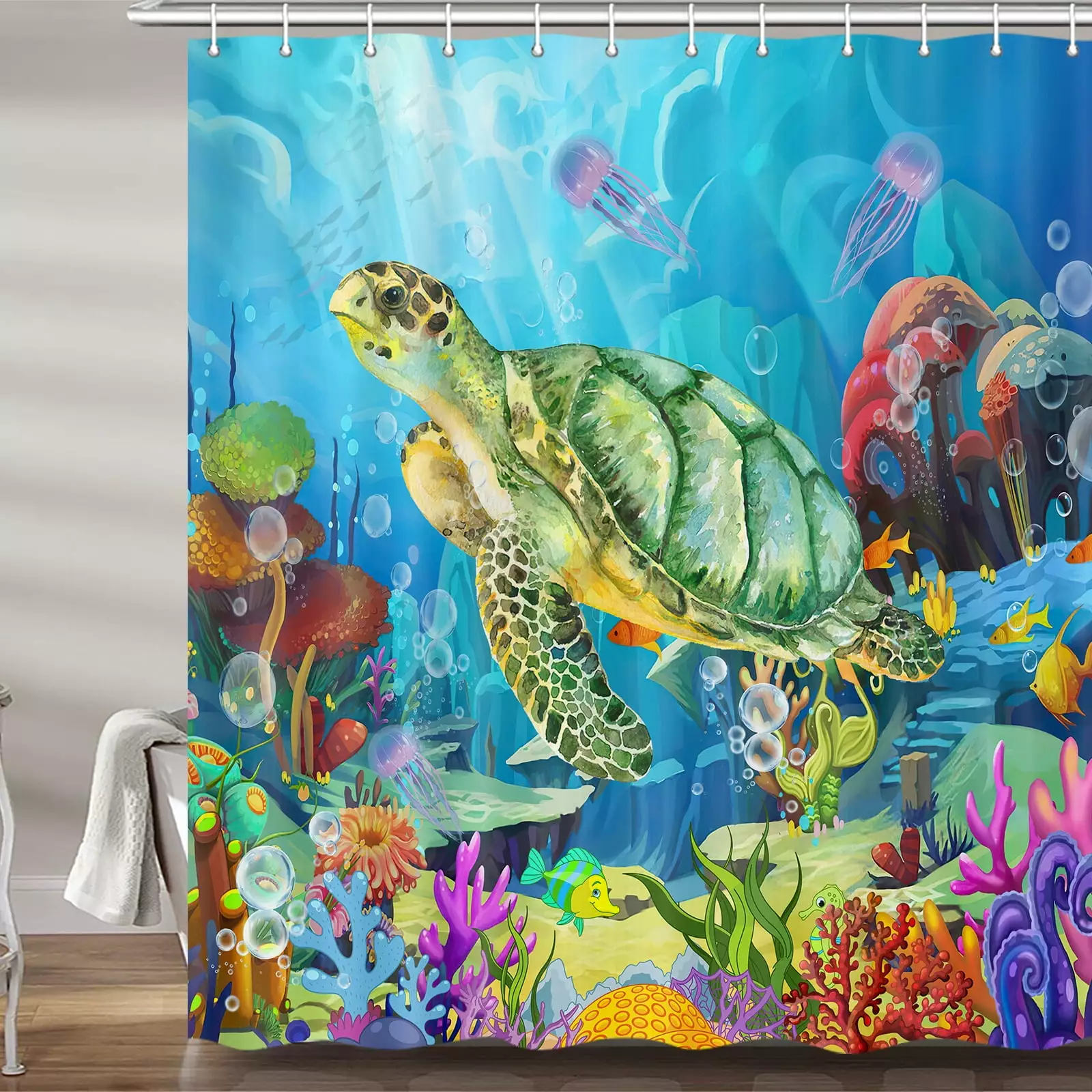 Sea Turtle Shower Curtain Kids Tropical Fish Blue Ocean Beach Decor 72x72 Inches VEIVIAN