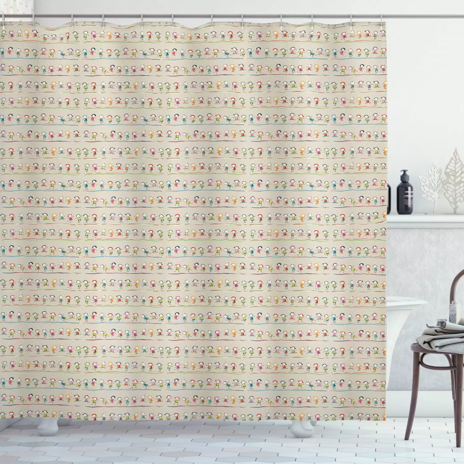 Kids Shower Curtain All Kids Playing Cartoon Polka Dots Fabric Bathroom Set 69x70 Inches Ambesonne