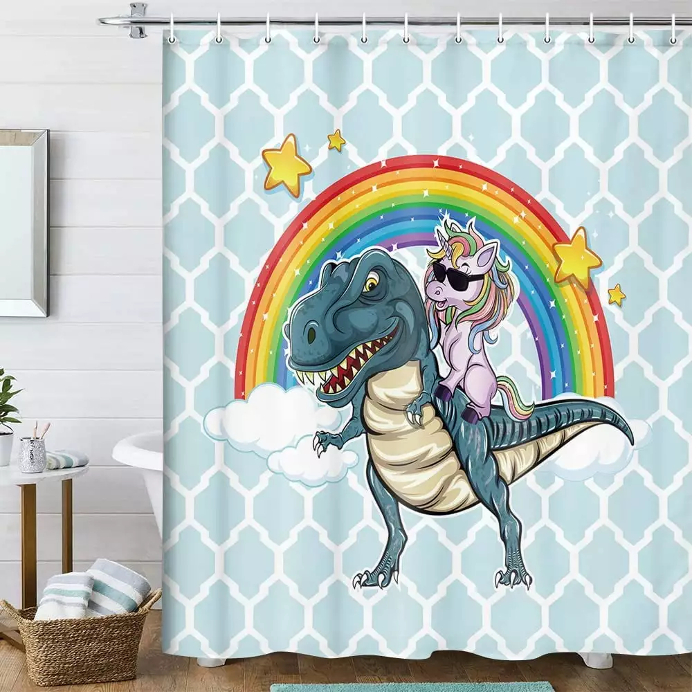 Funny Kids Shower Curtain Unicorn Riding Dinosaur Rainbow Bathroom Set 12 Hooks 70x70 Inches Veigike
