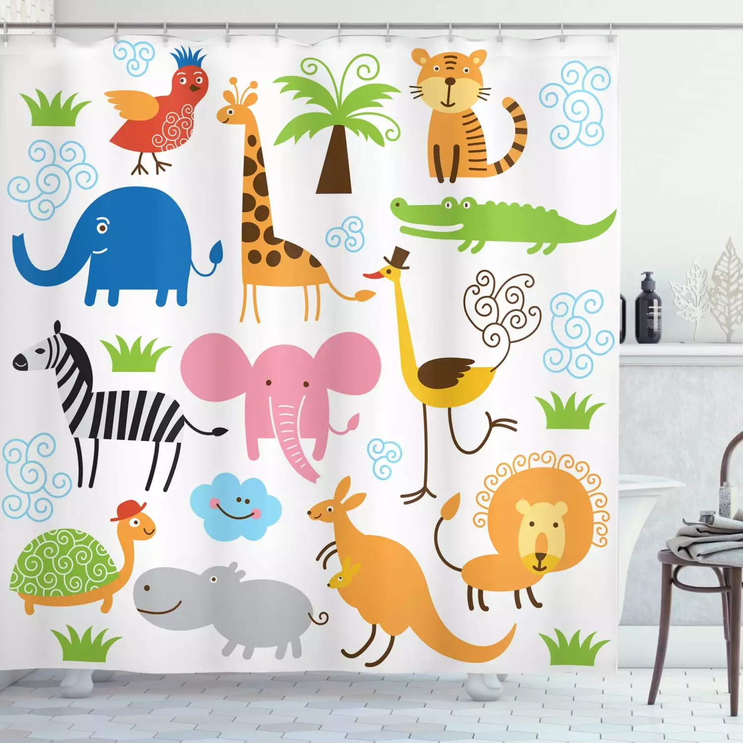 Ambesonne Animal Shower Curtain Cartoon Giraffe Zebra Turtle Multicolor 69x70 Inch