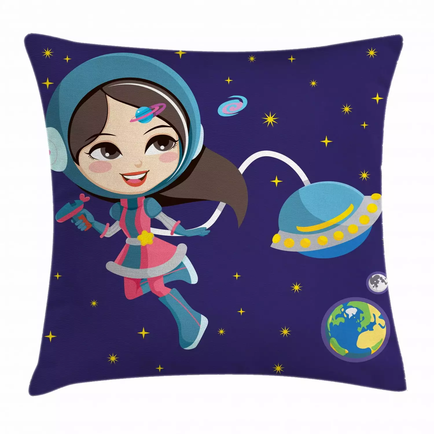 Ambesonne Girls Throw Pillow Cover 20x20 Inches Space Exploration Cartoon Decorative Square Cushion Case