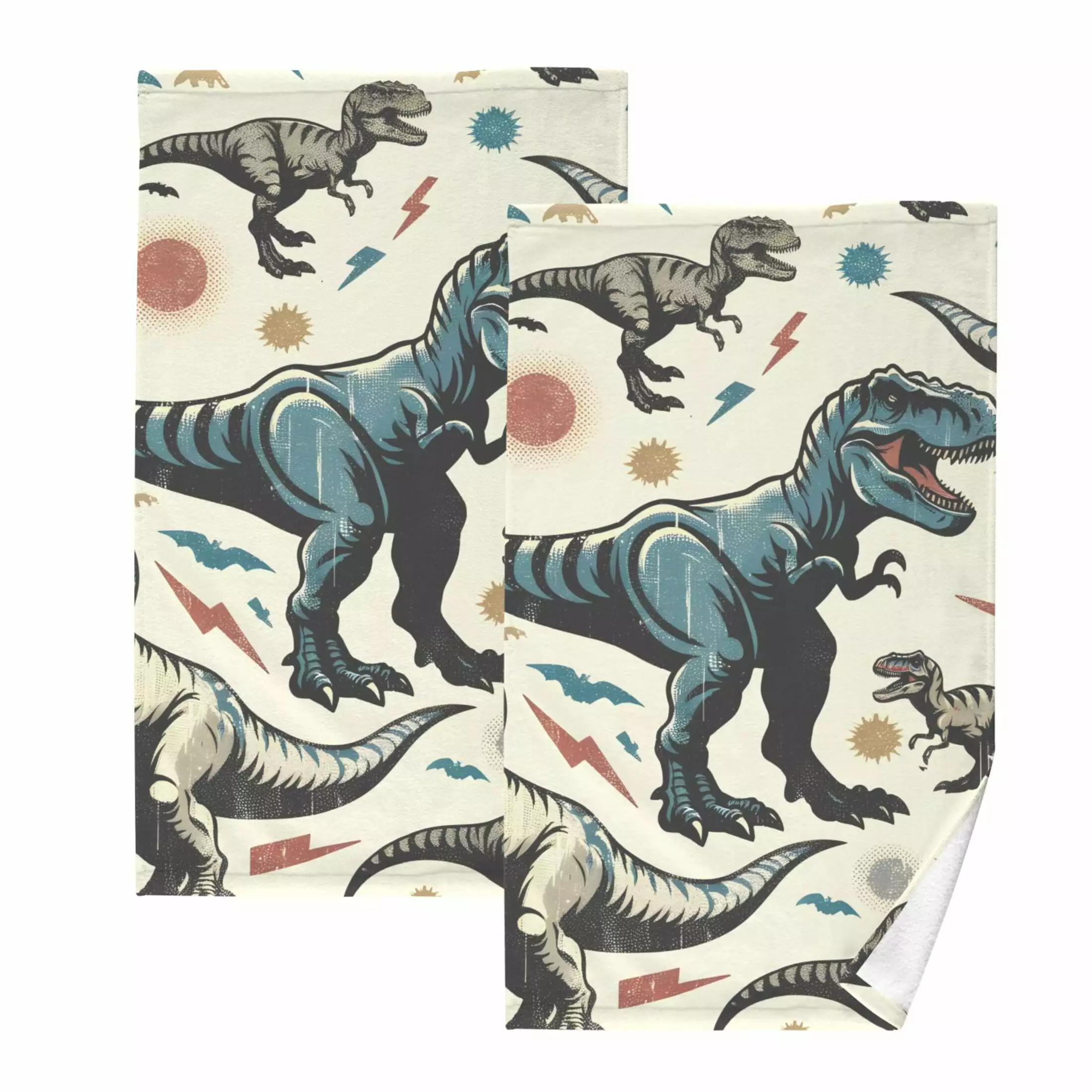 Dinosaur and Lightning Hand Towel Set 2 Pcs Cotton Absorbent Soft Face Towels 16x28 Inches OREZI