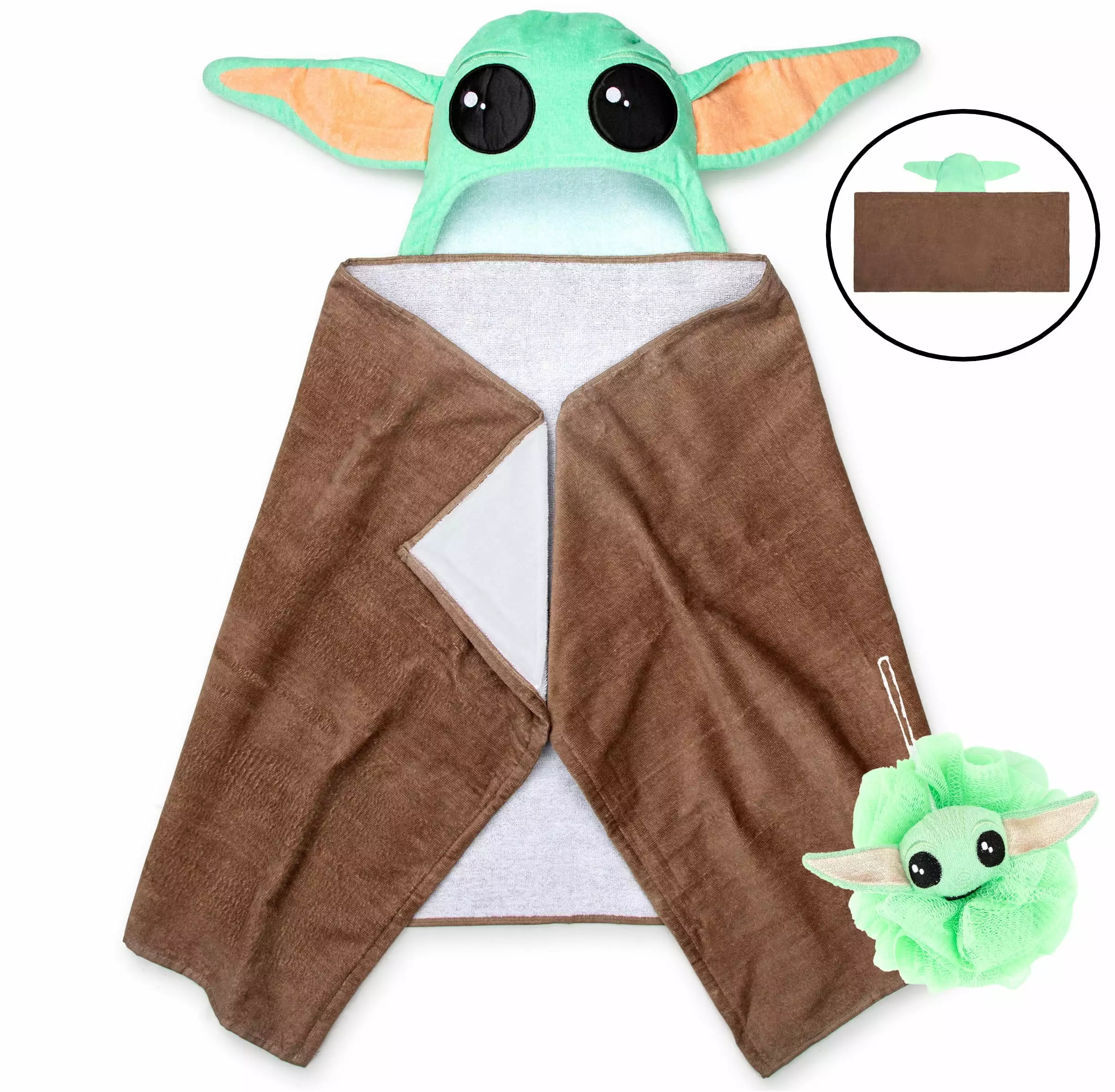 Baby Yoda Kids Hooded Towel and Character Loofah Set - Cotton Green Star Wars Bath Towel Toddlers