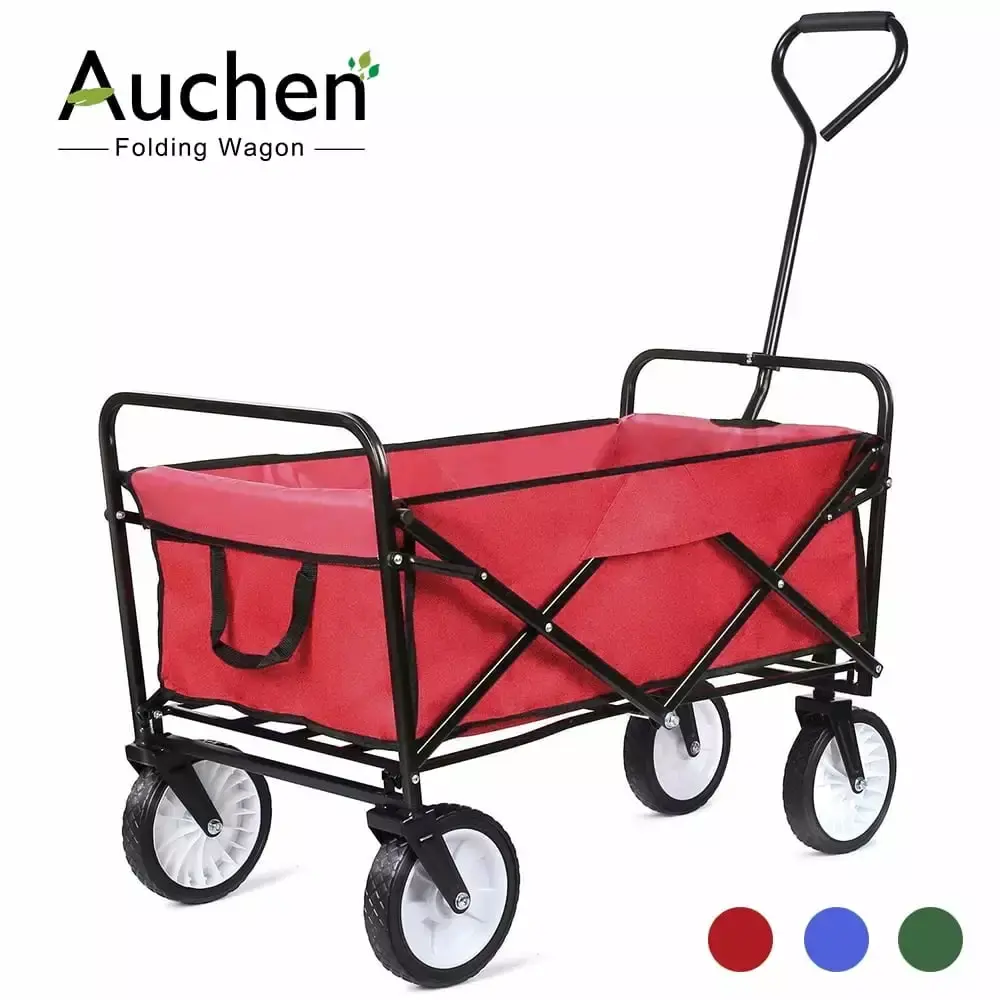 AUCHEN Collapsible Outdoor Utility Wagons Kids Max 150lbs Red Heavy Duty Folding Travel-friendly Hand Beach Wagon Cart Dri...