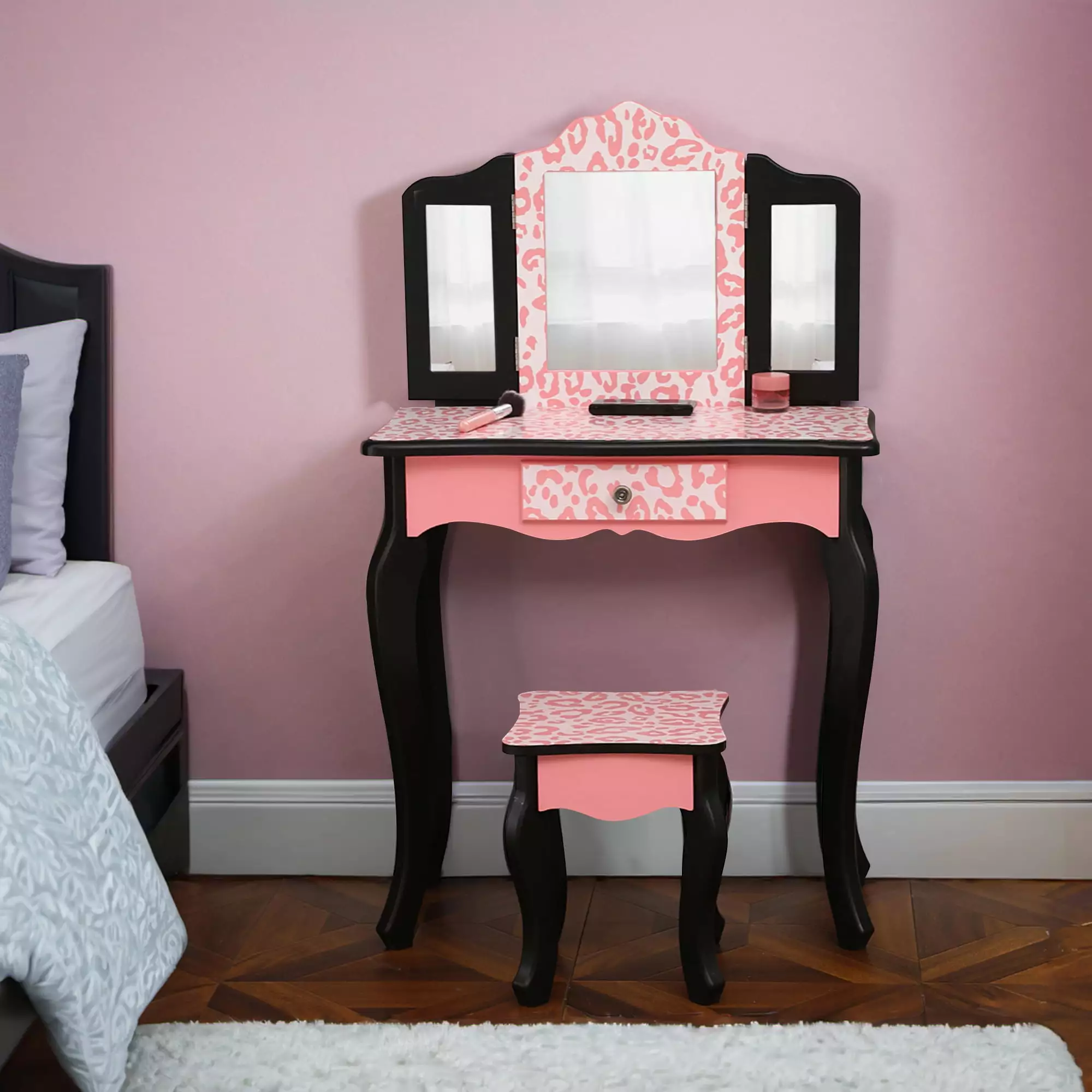 Lowestbest Vanity Table Set Mirror Girls Bedroom Dressing Table Vanity Stool Red Makeup Vanity Desk