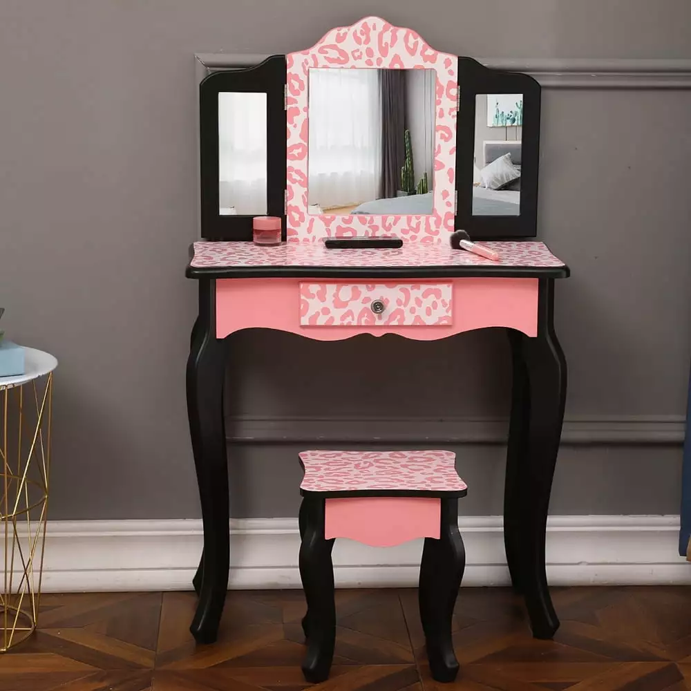 Topcobe Vanity Table Set Mirror Girls Pink Bedroom Dressing Table Vanity Stool 2 Drawers Makeup Table