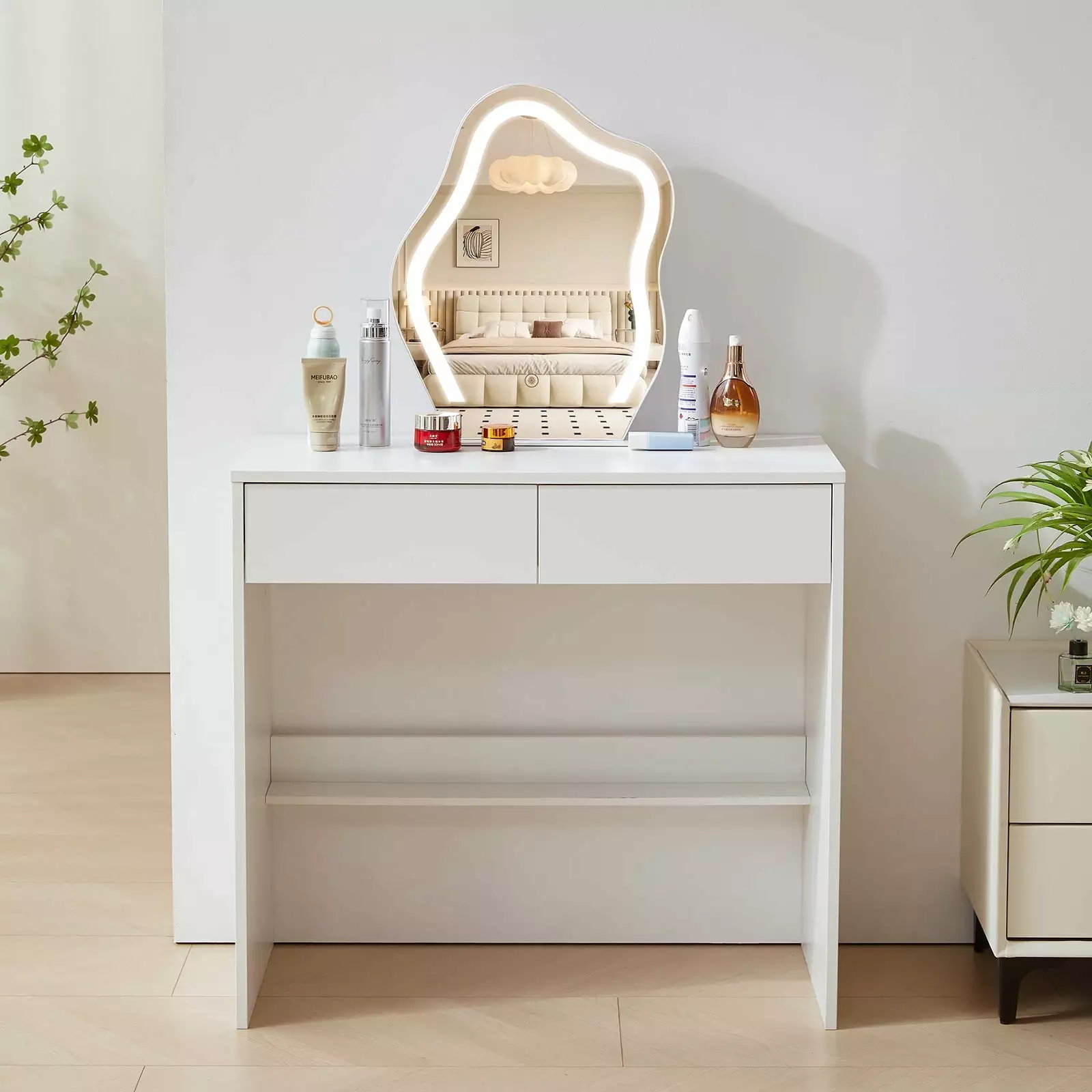 Yamissi Modern Vanity Set Mirror 2--1 Vanity Table and LED Makeup Mirror Cloud-shape Mirror White Vanity Desk Girls Princess