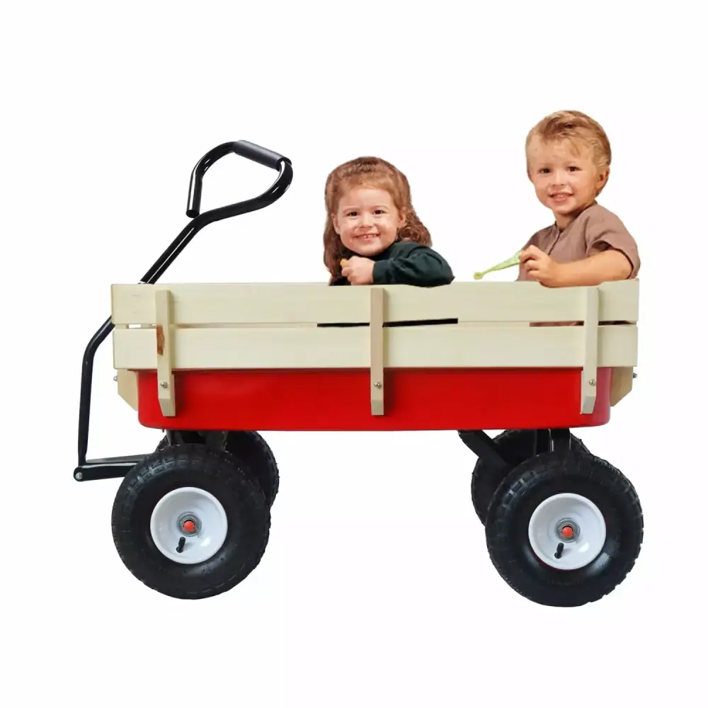 Outdoor Wagon All Terrain Pulling Wood Railing Air Tires Children Kid Garden Red and White