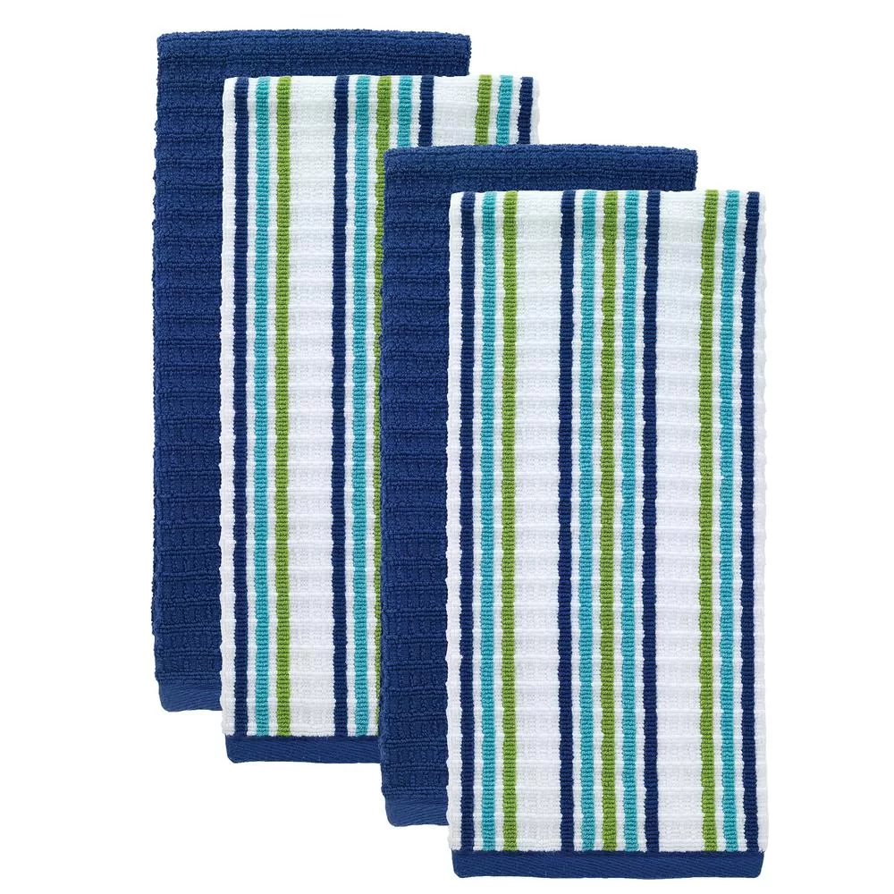 RITZ T-fal Blue Solid Stripe Cotton Waffle Terry Kitchen Towel Set 4 Absorbent Dish Towels