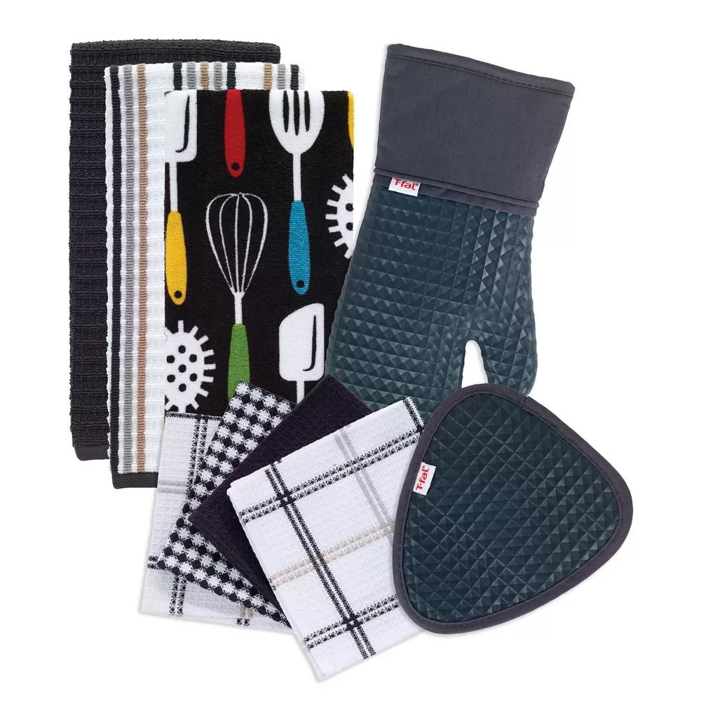 RITZ T-Fal Charcoal Cotton Utensils Print Kitchen Textile Set 9 Stylish Kitchen Accessories