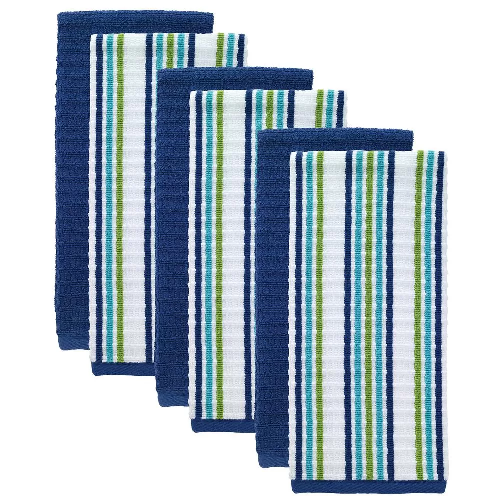 RITZ T-Fal Cool Blue Solid Stripe Cotton Waffle Terry Kitchen Dish Towel Set 6 Absorbent Towels