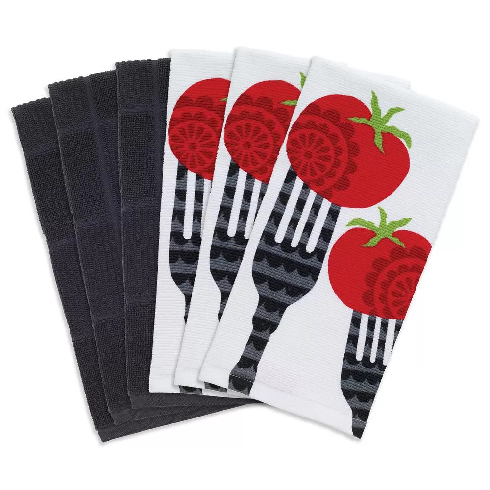 RITZ T-fal Multicolor Fork Cotton Print Dual Solid Kitchen Dish Towel Set 6 Stylish Towels