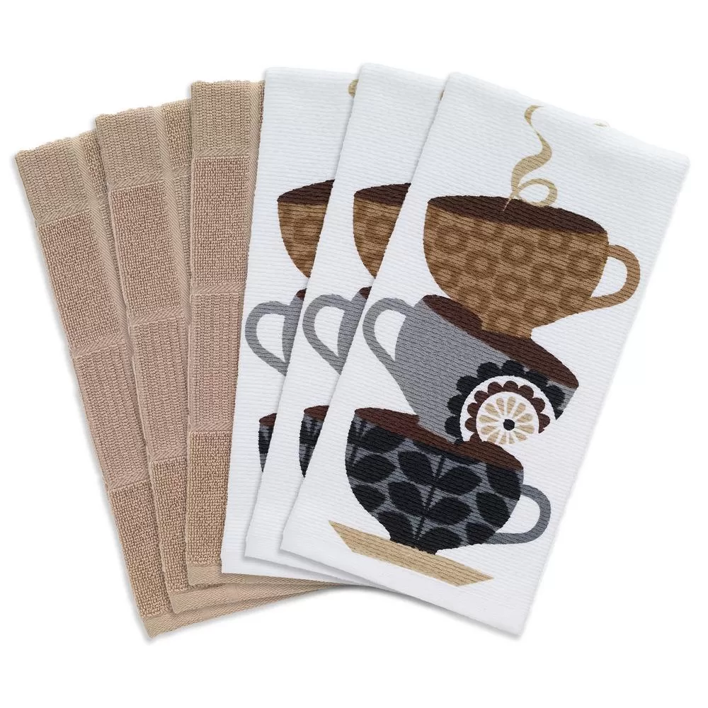 RITZ T-fal Multicolor Coffee Cups Cotton Print Dish Towel Set 6
