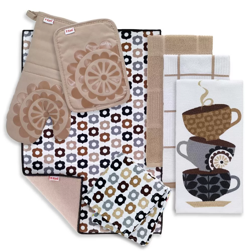 RITZ T-Fal Sand Cotton Coffee Solids and Prints Kitchen Towels Set 8