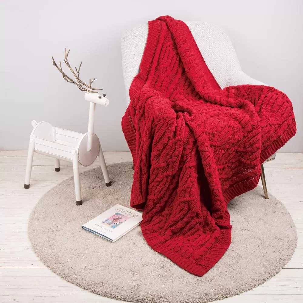 Glitzhome 60x50 Inch 865g Knitted Polyester Red Throw Blanket - Ultra Soft Lightweight Decorative Living Room Accent