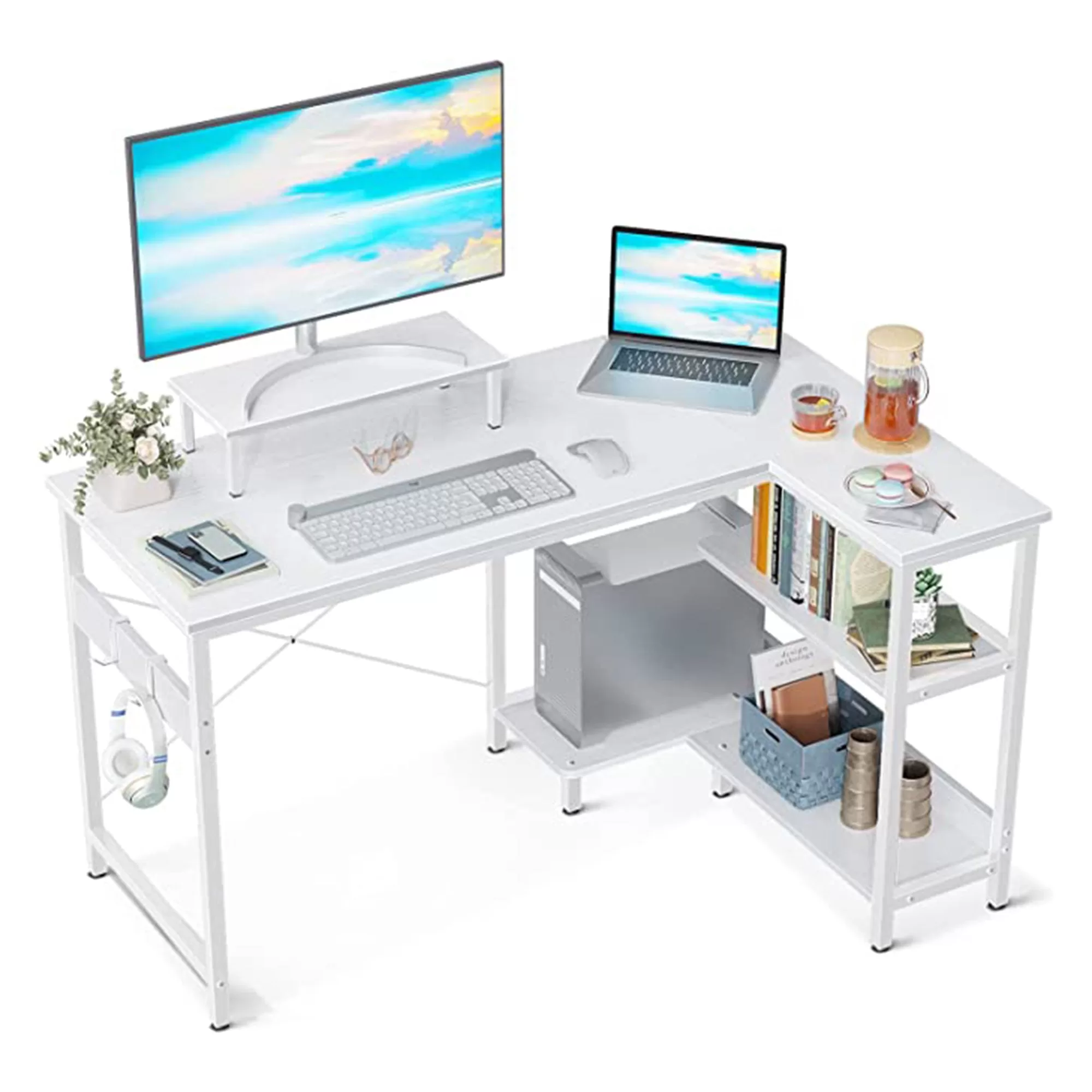 ODK 47 Inch Compact L Shaped Desk Storage Shelves and Monitor Stand White
