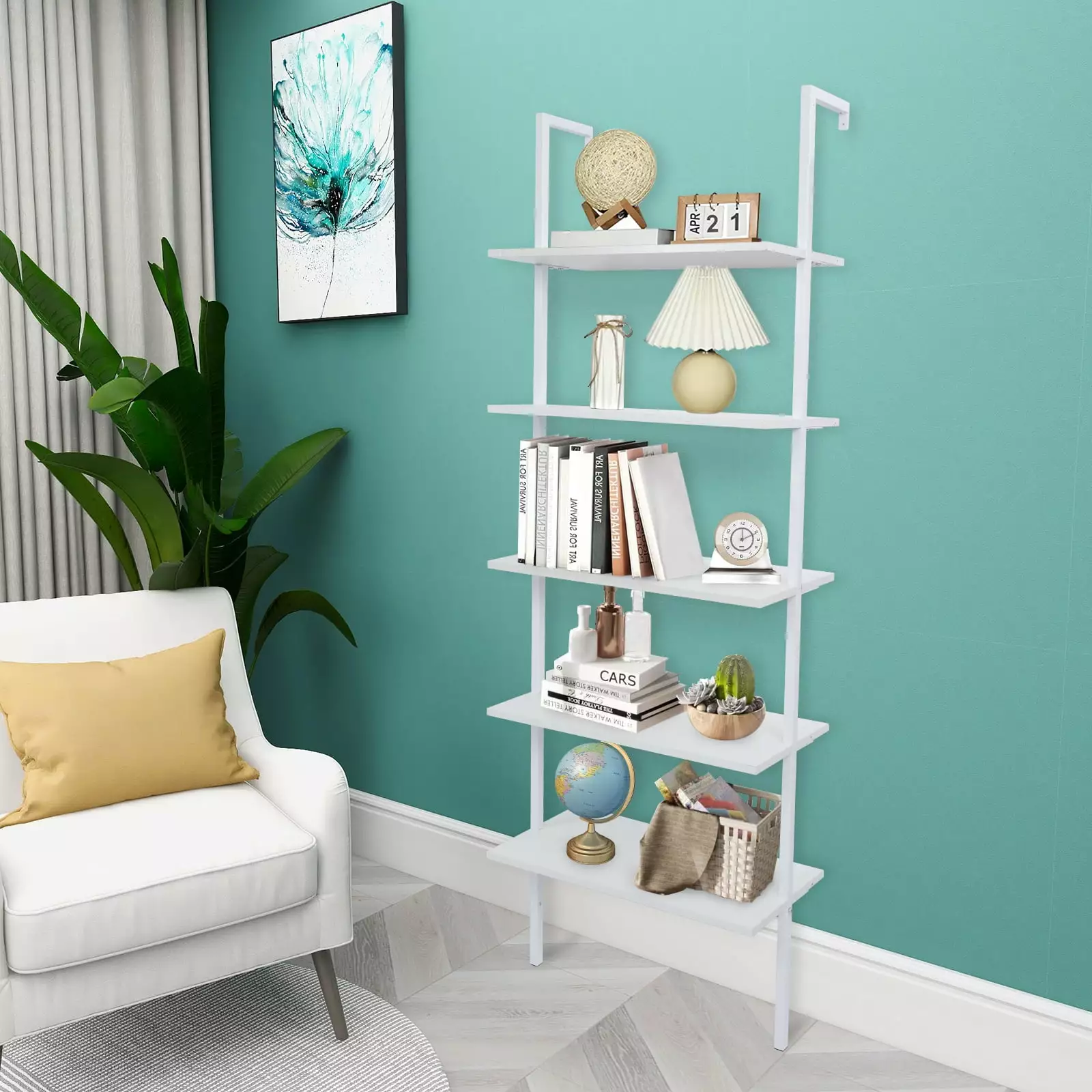 Ocervd 5-Shelf Wood Ladder Bookcase Industrial Metal Frame Modern Ladder Shelf