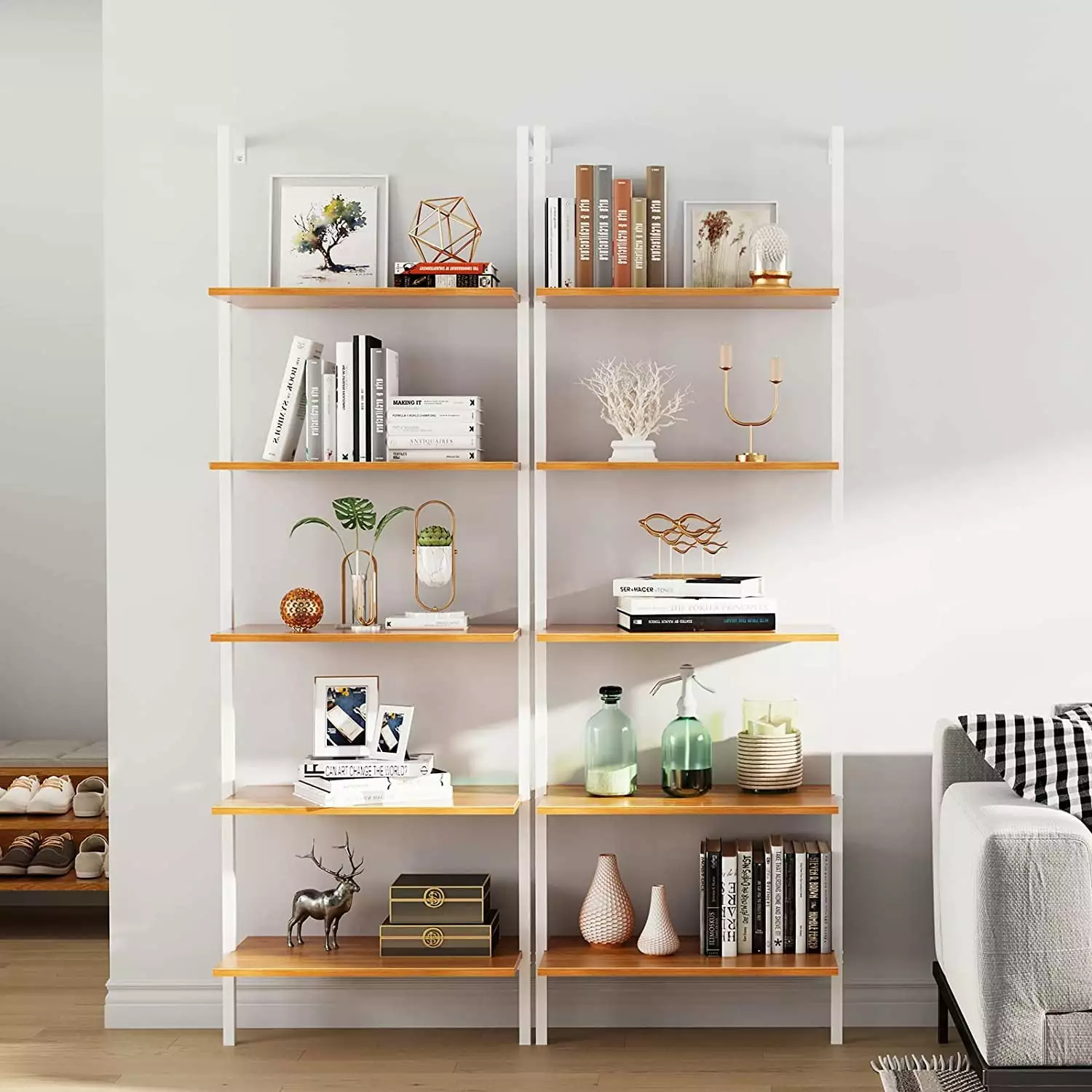 SogesPower 5-Tier Bookshelf Metal Frame Wall-Mounted Ladder Shelf Living Room Bedroom Office