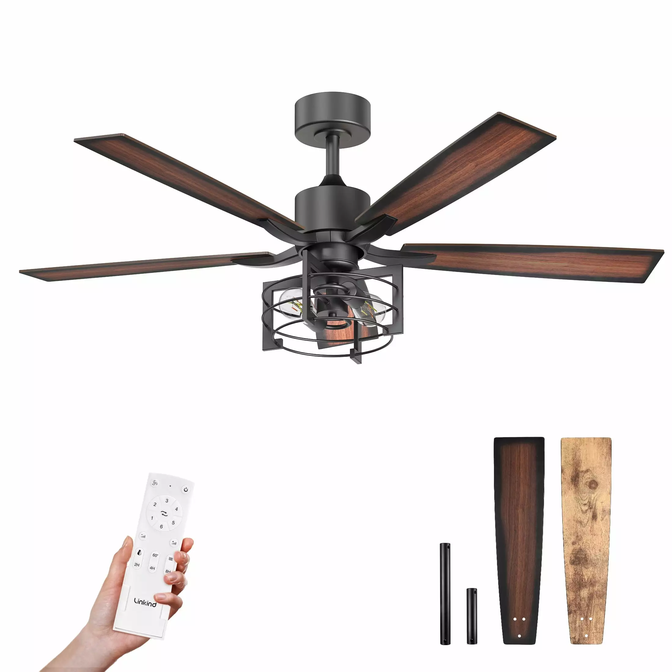 Linkind 52 Inch Ceiling Fan Light Kit Matte Black 5 Blades Remote Control Reverse Airflow 6 Speeds