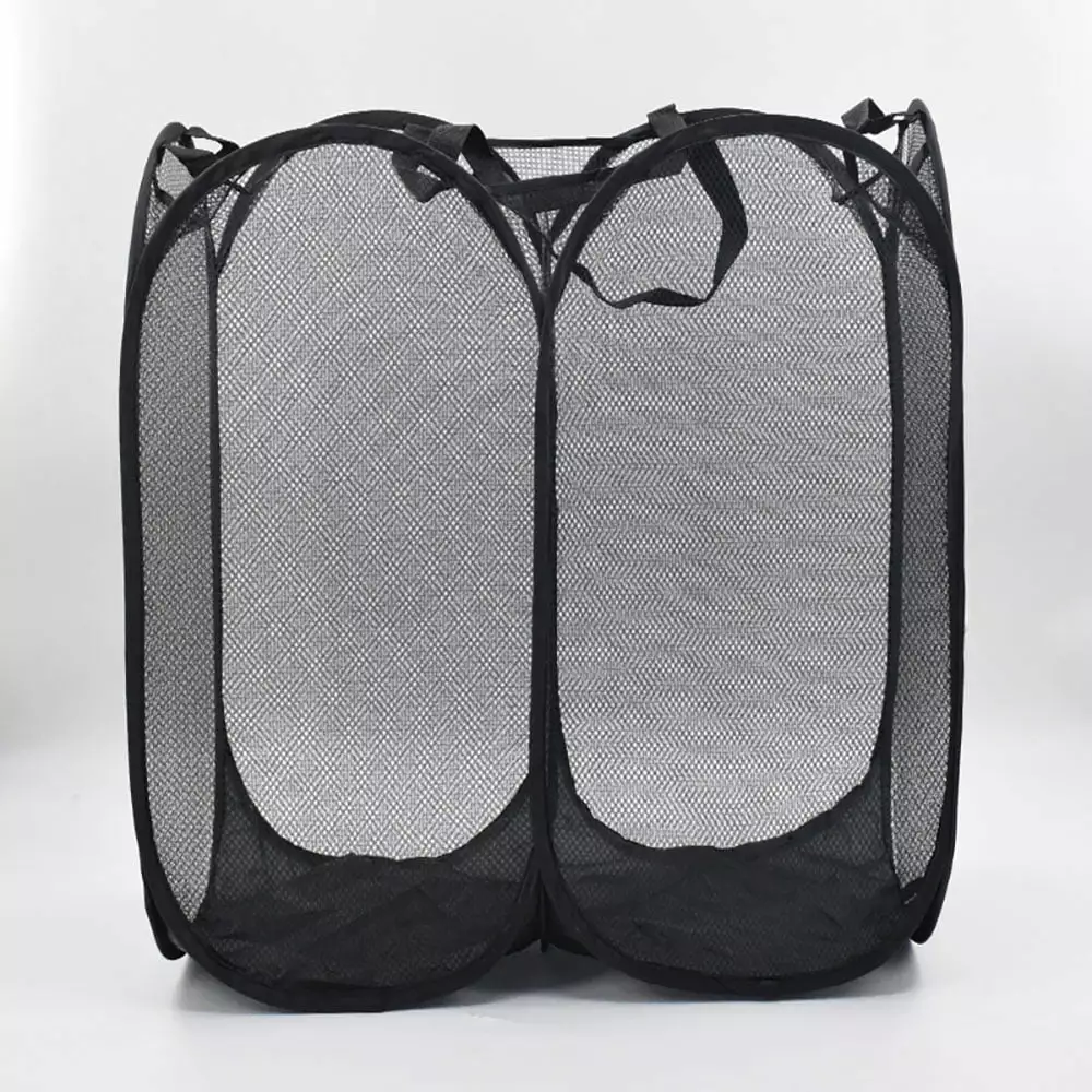 Buenod Two Compartment Mesh Laundry Hamper Collapsible Clothes Basket 150L Black
