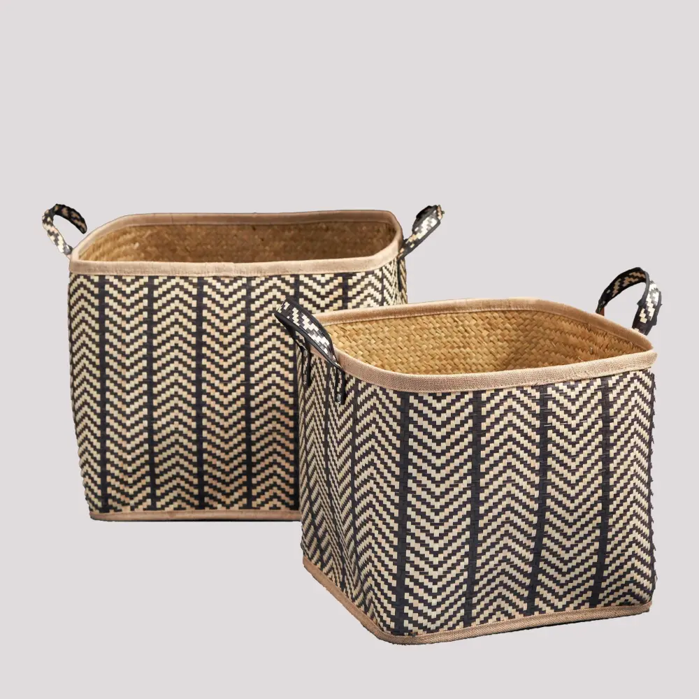 Square Palm Leaf Woven Wicker Storage Basket Handles (Set 2) - Back / Espresso