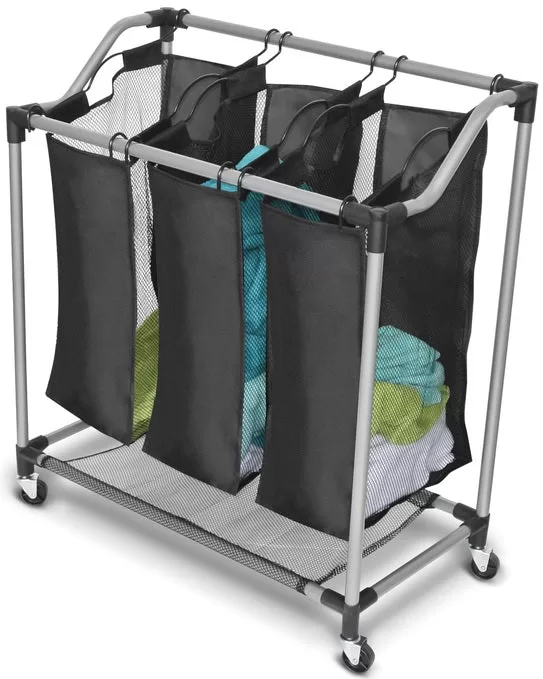 Homz 4540011 Triple Laundry Sorter Black Fabric Hamper Three Compartments