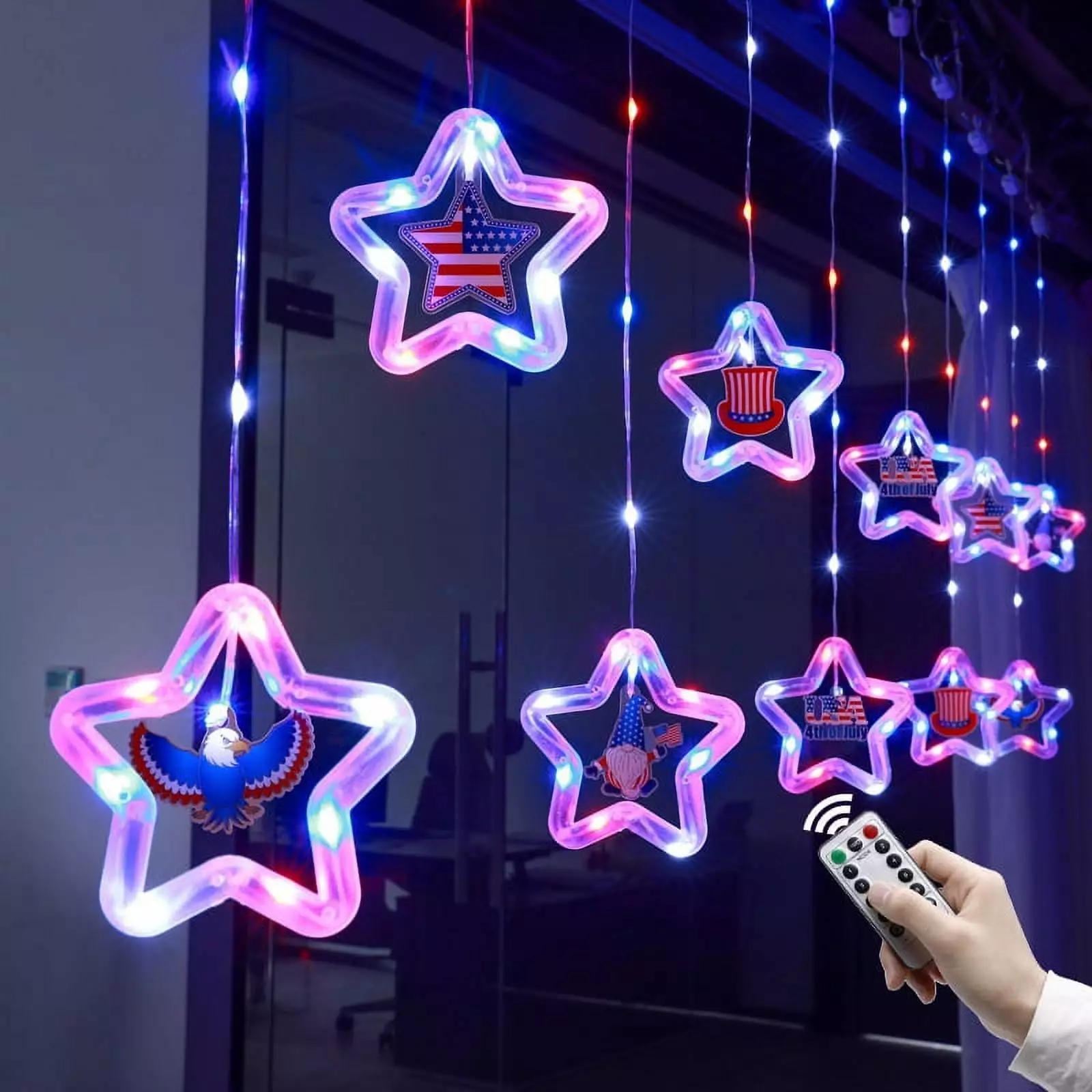 4th July Decorations 120 LEDs 10 Modes Red White Blue Curtain Lights USB Powered PAFU
