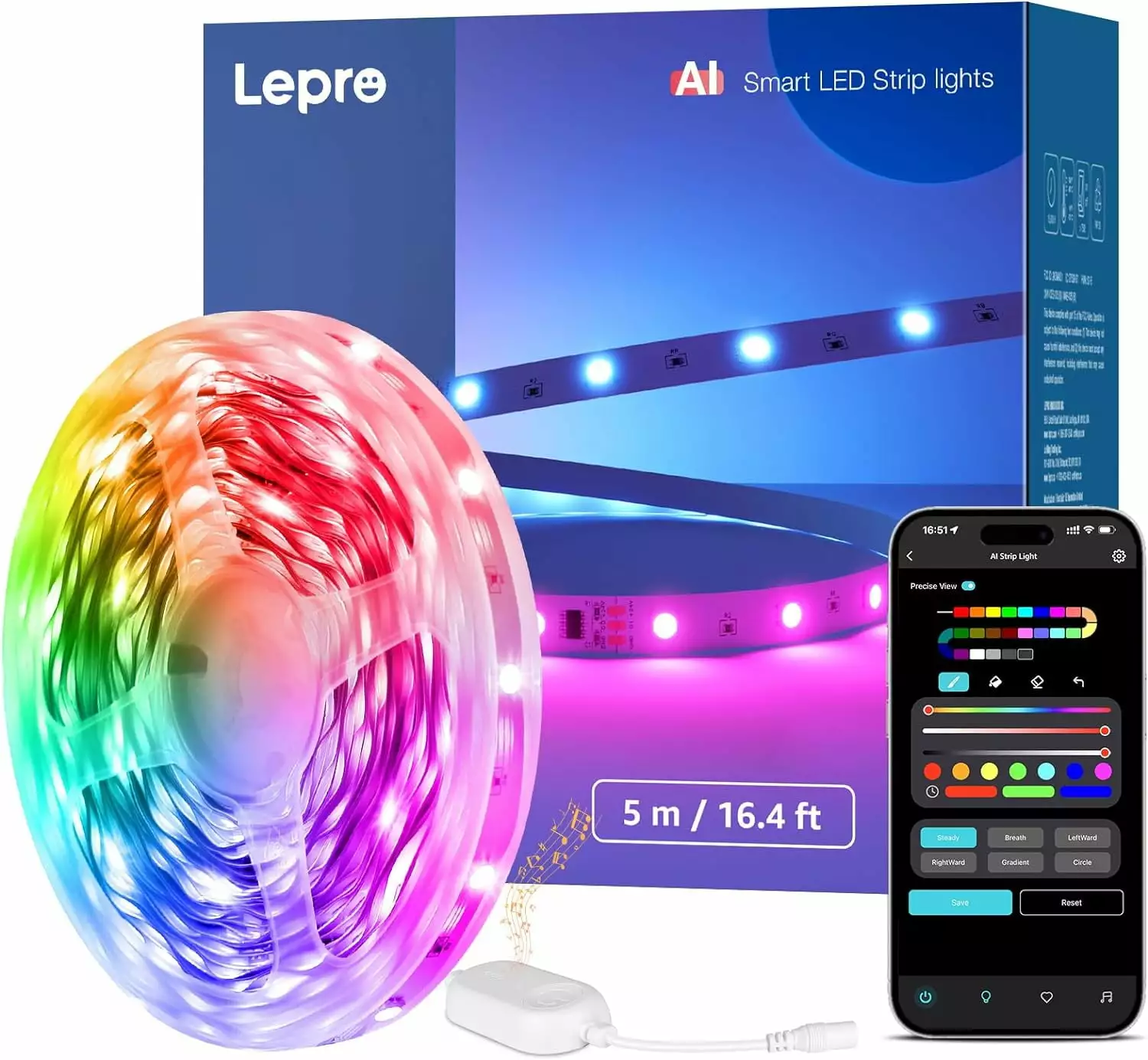 Lepro S1 AI Intelligent LED Strip Lights 16.4ft Bluetooth WiFi App Control Music Sync Rainbow Lights