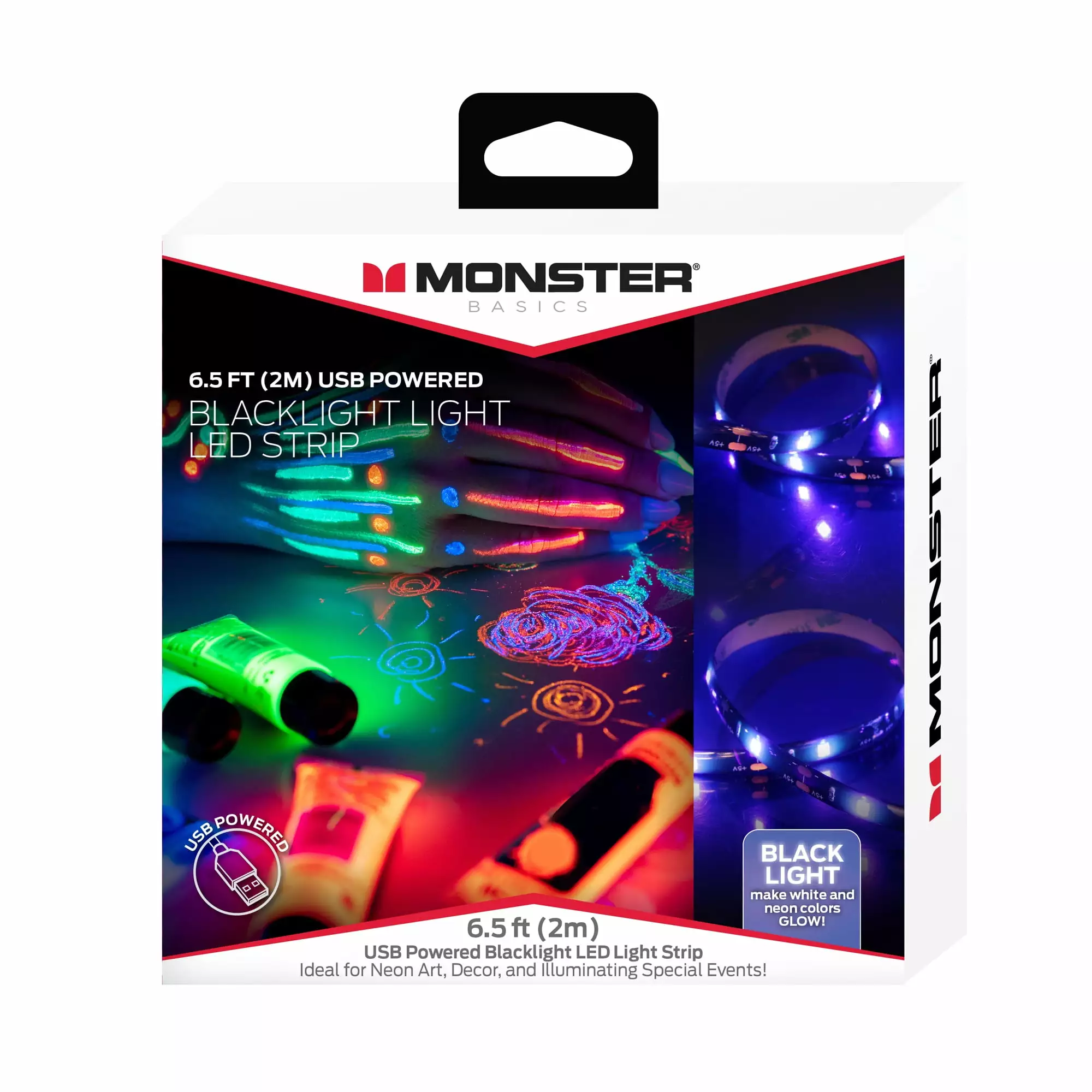 Monster Basics 6.5ft LED Black Light Strip - USB-Powered Easy DIY Setup Room Decor Monster LED