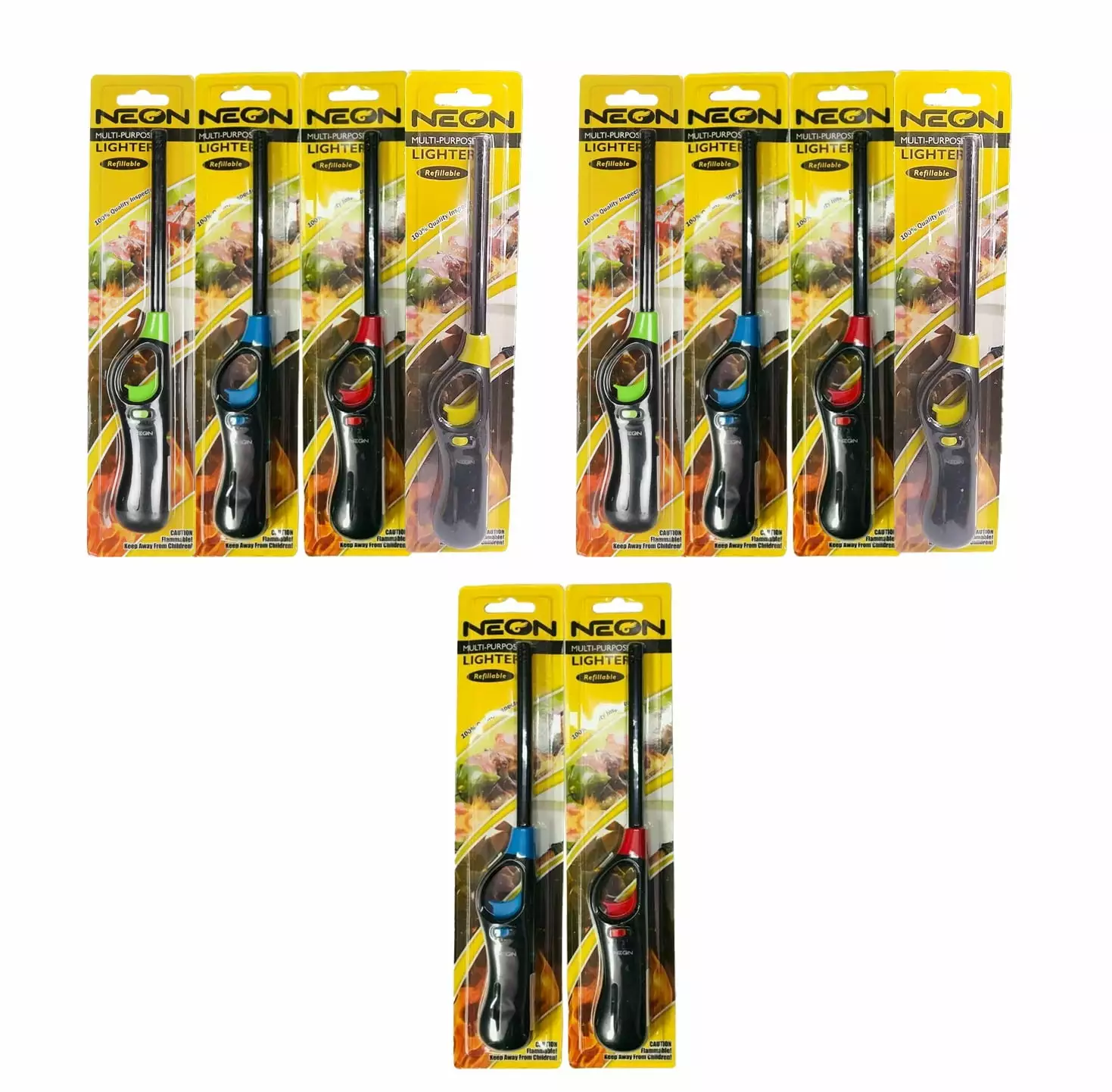 NEON Multi-purpose Refillable Lighters 10 Pack Fireplace Grill Gas Stove BBQ