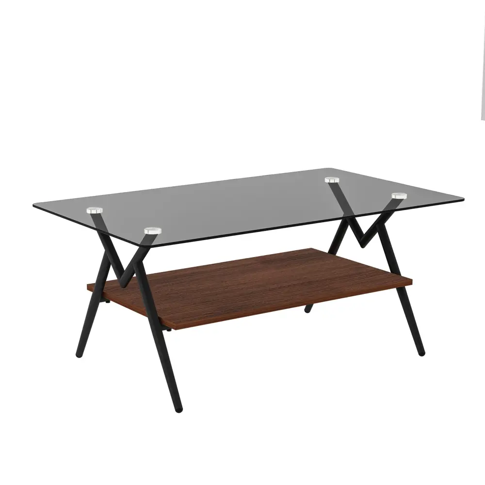 Rectangle Coffee Table Tempered Glass Top And Shelf, Minimalist Table Living Room