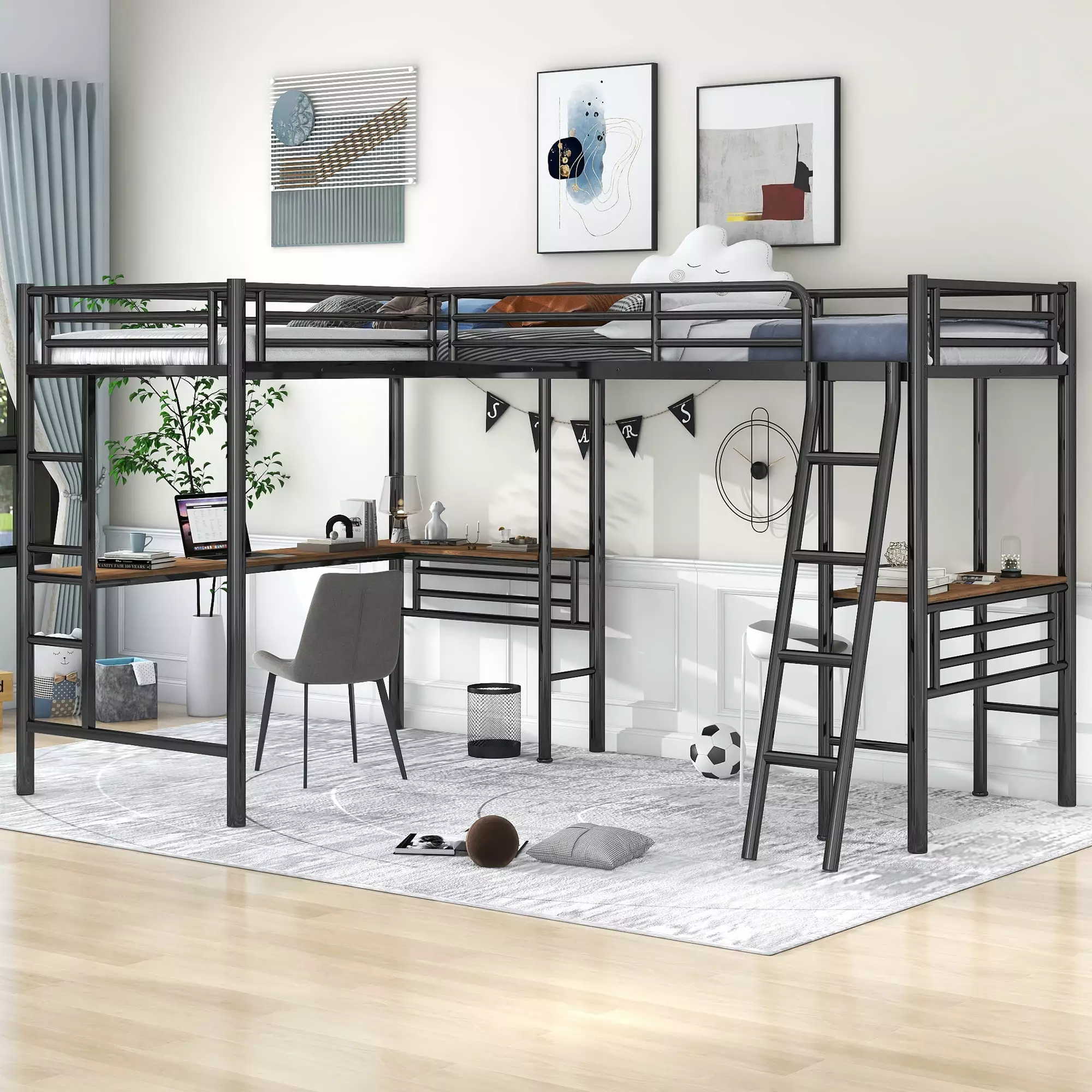 Bellemave L Shaped Twin Loft Bed Desk - Metal Frame Two Ladders and Safety Rails - Black