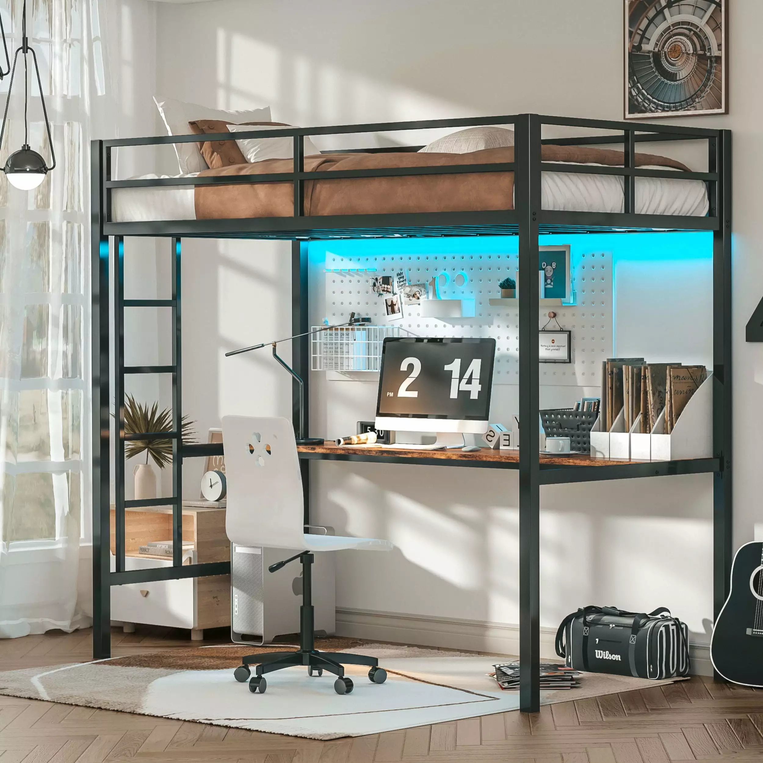 LIKIMIO Twin Size Loft Bed Desk - Power Outlet and LED Lights - Noise Free Black Frame