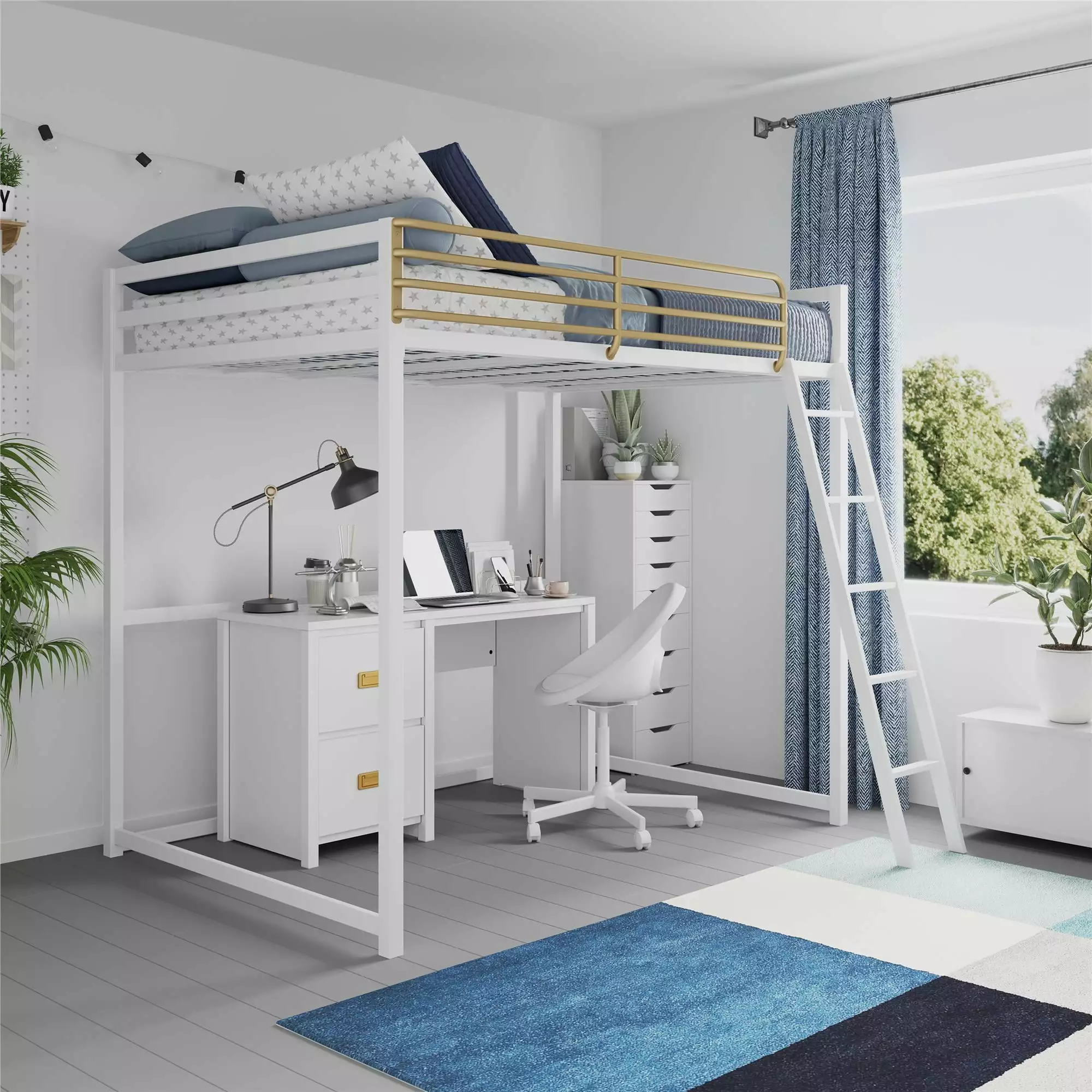 Little Seeds Haven Full Loft Bed - Stylish White and Gold Finish - Space-Saving Bedroom Solution