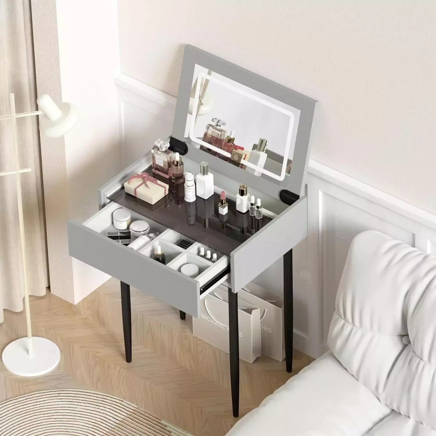 Slsy Vanity Table Set Flip Top Mirror Lights White Makeup Desk Internal Storage Space-saving Dressing Table