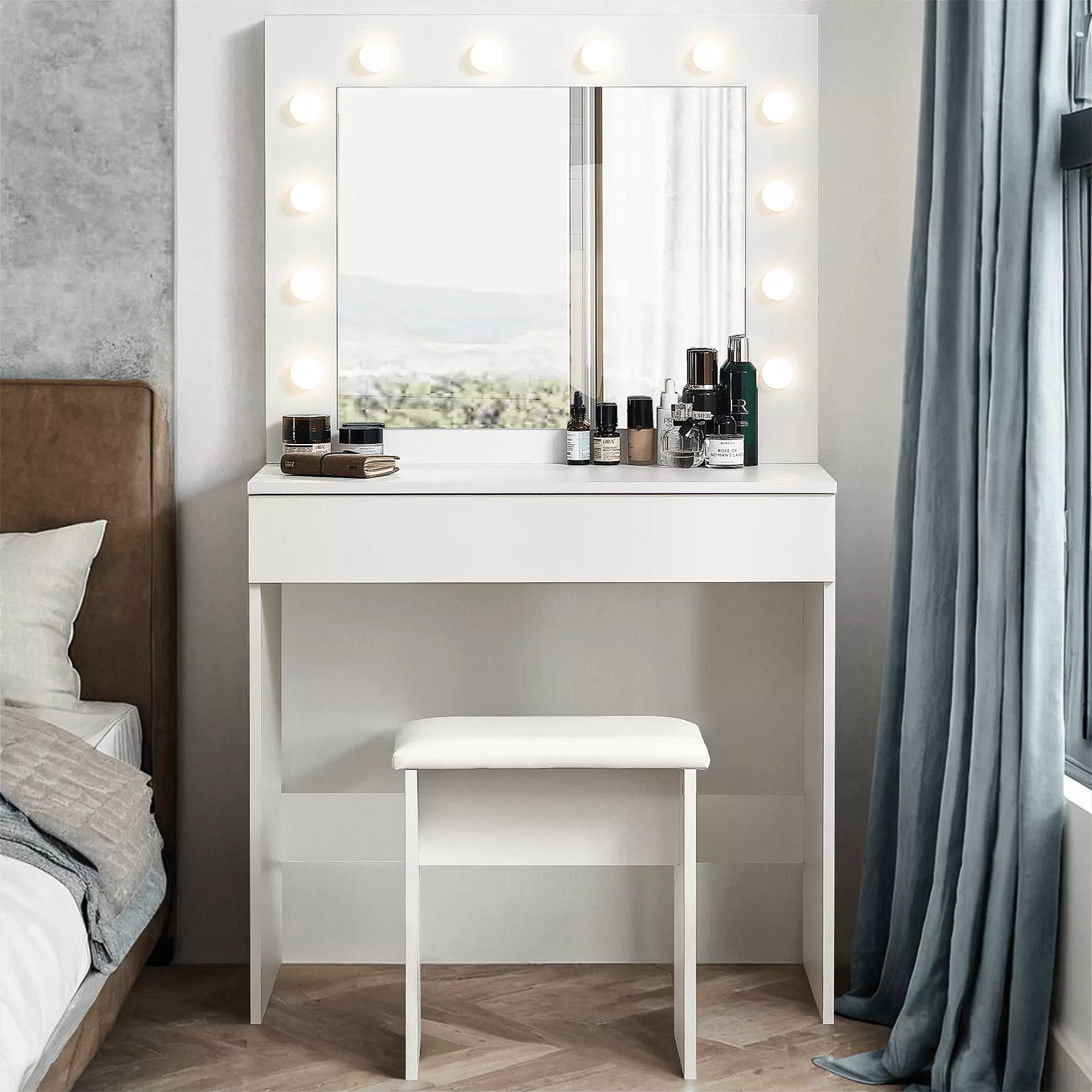 Veryke Antique White Makeup Vanity Desk Stool Set Mirror and 12 Light Bulbs Bedroom